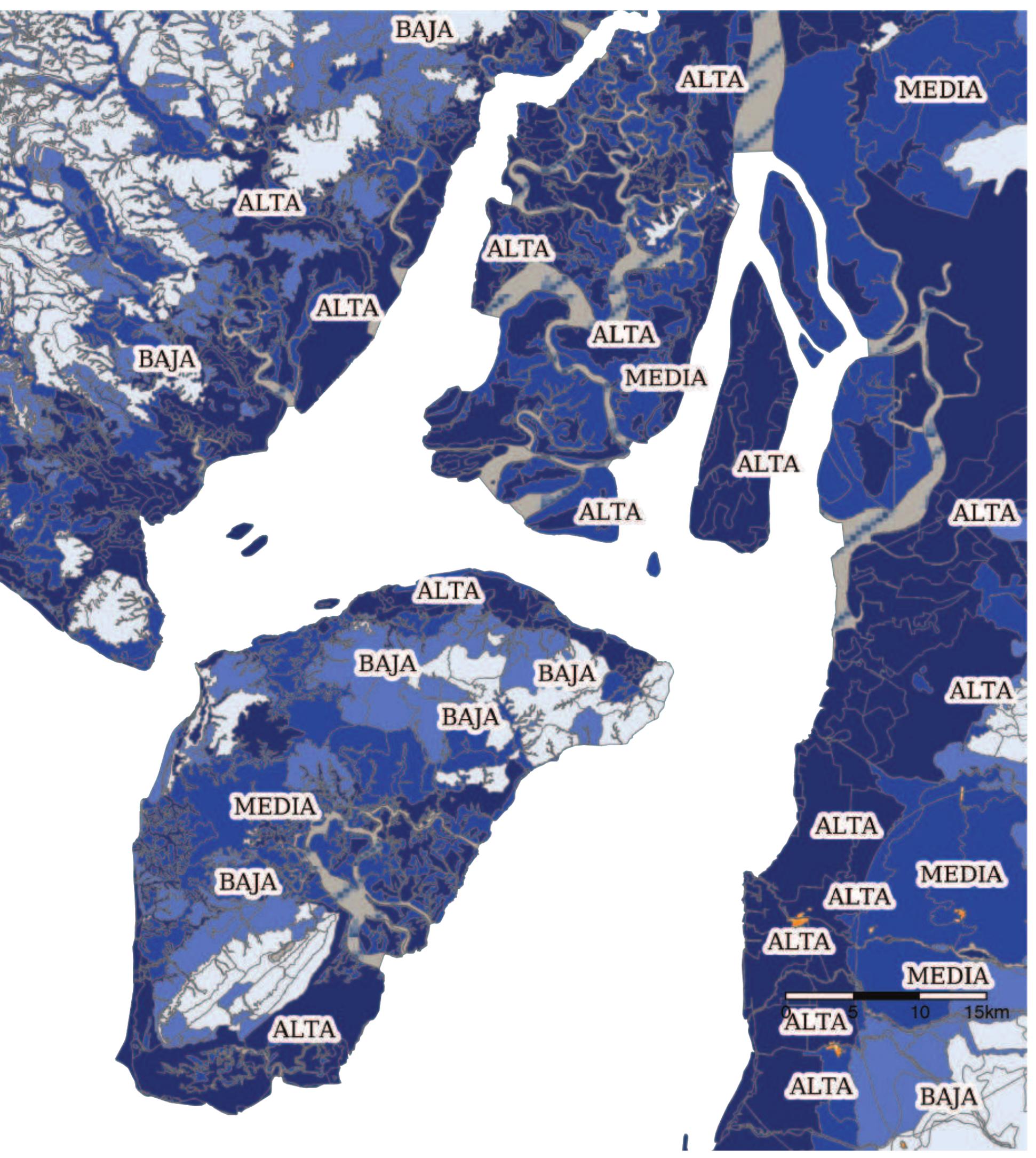 Susceptibility to flooding. gulf of guayaquil. the map shows