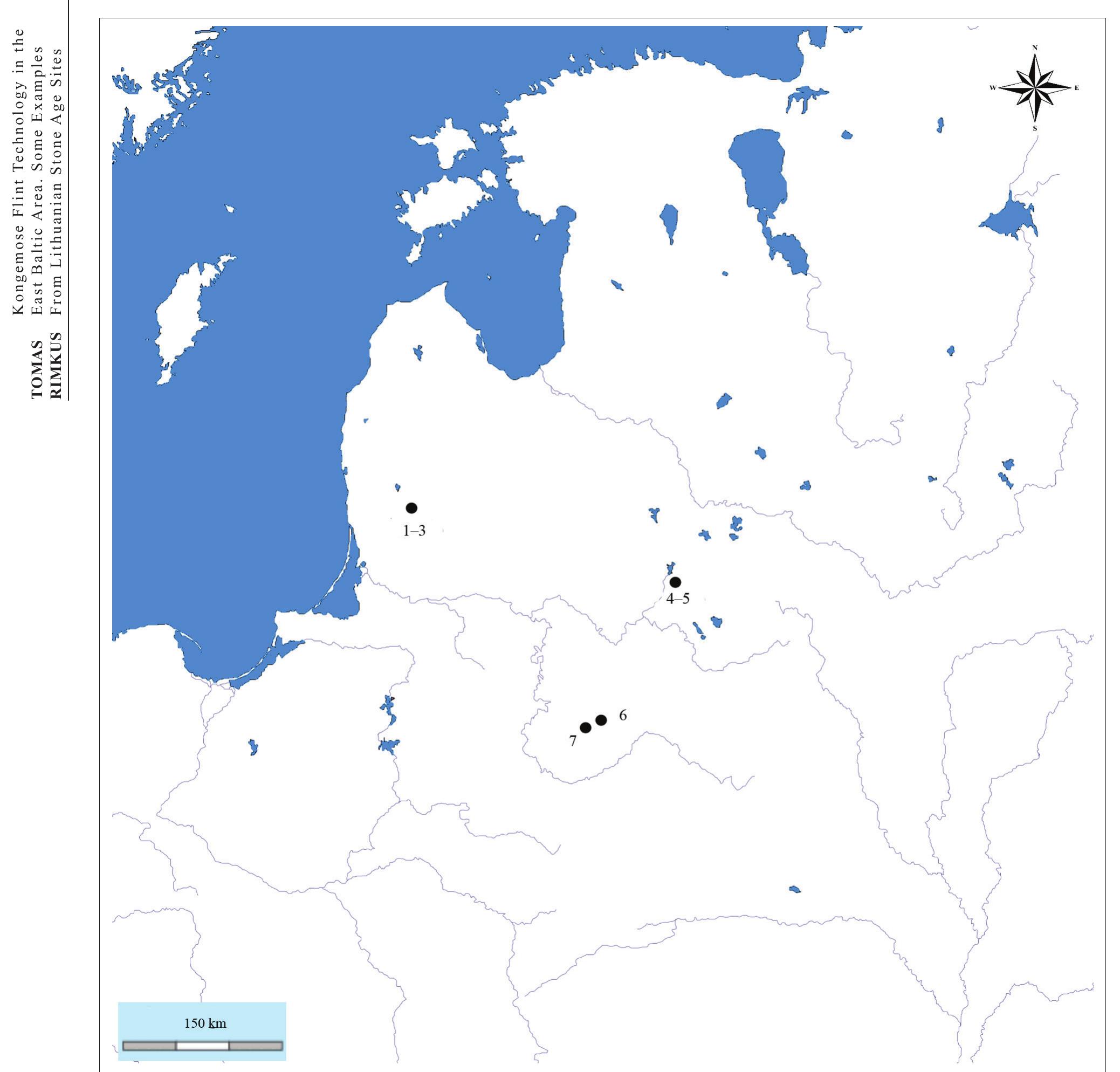 Fig. 1. Map showing the locations of sites mentioned in the text: 1-3 DaktariSké 5, Dreniai and Spiginas grave 1; 4-5 Kre- tuonas 1C and Pakretuoné 4; 6 GribaSa 4; 7 Katra 1 (compiled by Tomas Rimkus).  The existence of Kongemose technology also confirms the handle cores which were used for blade pressure technique. In northern Europe, these are the main cri- teria that distinguish Kongemose culture sites (Blank- holm 2008, 112; Larsson 1980, 20).  of the technology of Kongemose culture. The archaeo- logical excavations and material from these sites have been published several times (Butrimas 1989, Fig. 2; 1990; 1992; 1998, 122-123; 2012, Fig. 78; 2016a, 86- 95; Cesnys, Butrimas 2009, 3; Girininkas 1990; 2008; Grineviciite, Ostrauskas 2000; Grineviciiité 2002; Os- trauskas 1996, 204). 