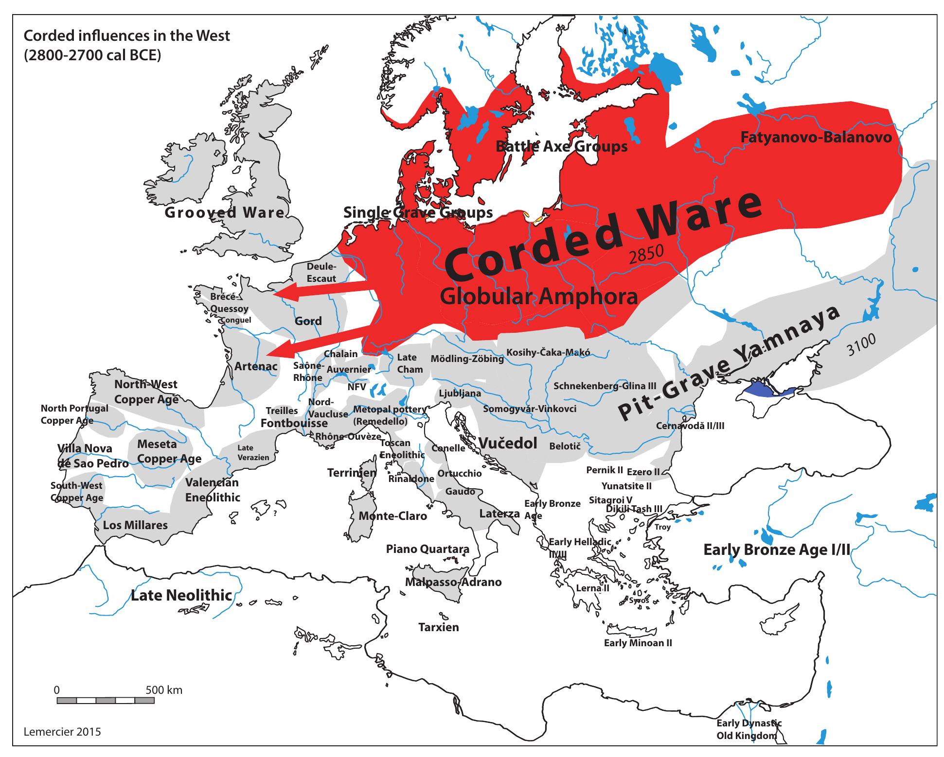 7— Based on current knowledge drinking vessels, codified individ- ual burials without mounds, and the warrior idea come from a set of cultures that stretch across Europe from their source in the eastern steppes (Harrison/ Heyd 2007, Heyd 2007, 2012, Jeunesse 2015, 2017). We will not enter here into the exciting debate about the nature of these diffusions / migrations etc. However, and this is very important, Western Europe seems to know these innovations prior to the emer- gence of the Bell Beakers (Fig. 5). It is therefore not possible to consid- er these innovations as arriving from the east with the Bell Beakers. These eastern innovations contribute instead to highlight an “atmos- phere” of Eastern origin in a big area between the boundaries of the extension of the Corded Ware and the Atlantic Ocean. Fig.5. Corded influences in the West (2800-2700 cal BCE) (after Guilaine 1998, Demoule 2007, Harrison/Heyd 2007 and various authors, CAD O.Lemercier). 8— More than 50 years after some researchers claimed that searching for the geographical origin of the Bell Beakers was use- less or nonsense (Shennan 1976, 1977a, 1977b, Clarke 1976, Burgess/ Shennan 1976, etc.), the debate is still alive (Beckerman 2012, Fokkens