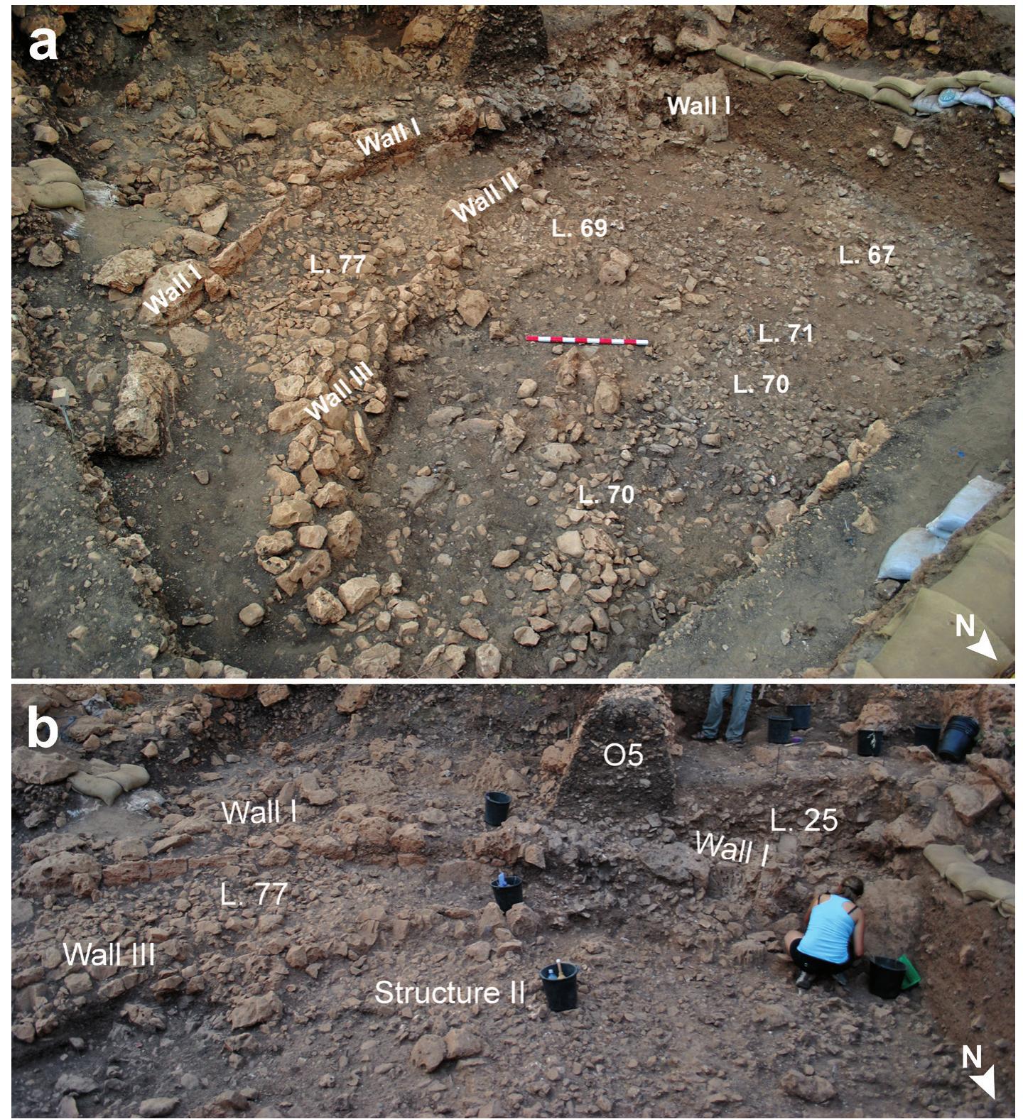 Figure 5. a) Wall I complex including Structure II walls, Wall III and several loci (a view from the north-east). b) close-up on the southern part of Wall I complex,  with Loc.77 (the fill between walls I and II) and Loc. 25 at the background (after excavation of the O5 section).  by readily distinguishable stone-poor sediments (< 1-5 cm thick). The stony floors are typically surrounded by distinct lateral boundaries between the stony and the stone-poor matrixes, the latter occasionally being of lighter color (e.g. Loci 66, 69; Figs. 7-8; see also Fig. 2). The floors likely are the remnants of structures, constructed repeatedly in the same location, together forming a 45 cm-thick deposition of superimposed dwelling events. The shape of the floors in Phase W-6 capping Wall II) was not always easy to decipher, mainly because of the disturbed nature of the area delimiting its eastern part. Based on the spatial extent of the stone-rich  floors, and Wall II in the levels in which it was preserved, i.e. the four lowermost floors (Phase W-7), a kidney- shaped contour (Figs. 2, 8-9) emerges. Thus, the series of  Wall I (Figs. 11-12). It is a massive amalgamation of  shaped contour (Figs. 2, 8-9) emerges. Thus, the series of  of Structure I (Fig. 10). In contrast, Loc. 25 lies beyond 
