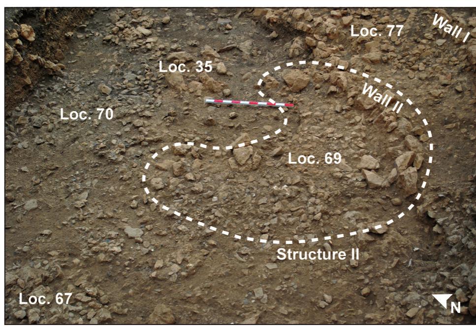 Figure 9. Structure II: Wall II the corresponding kidney: shaped stony floor of Loc. 69. 