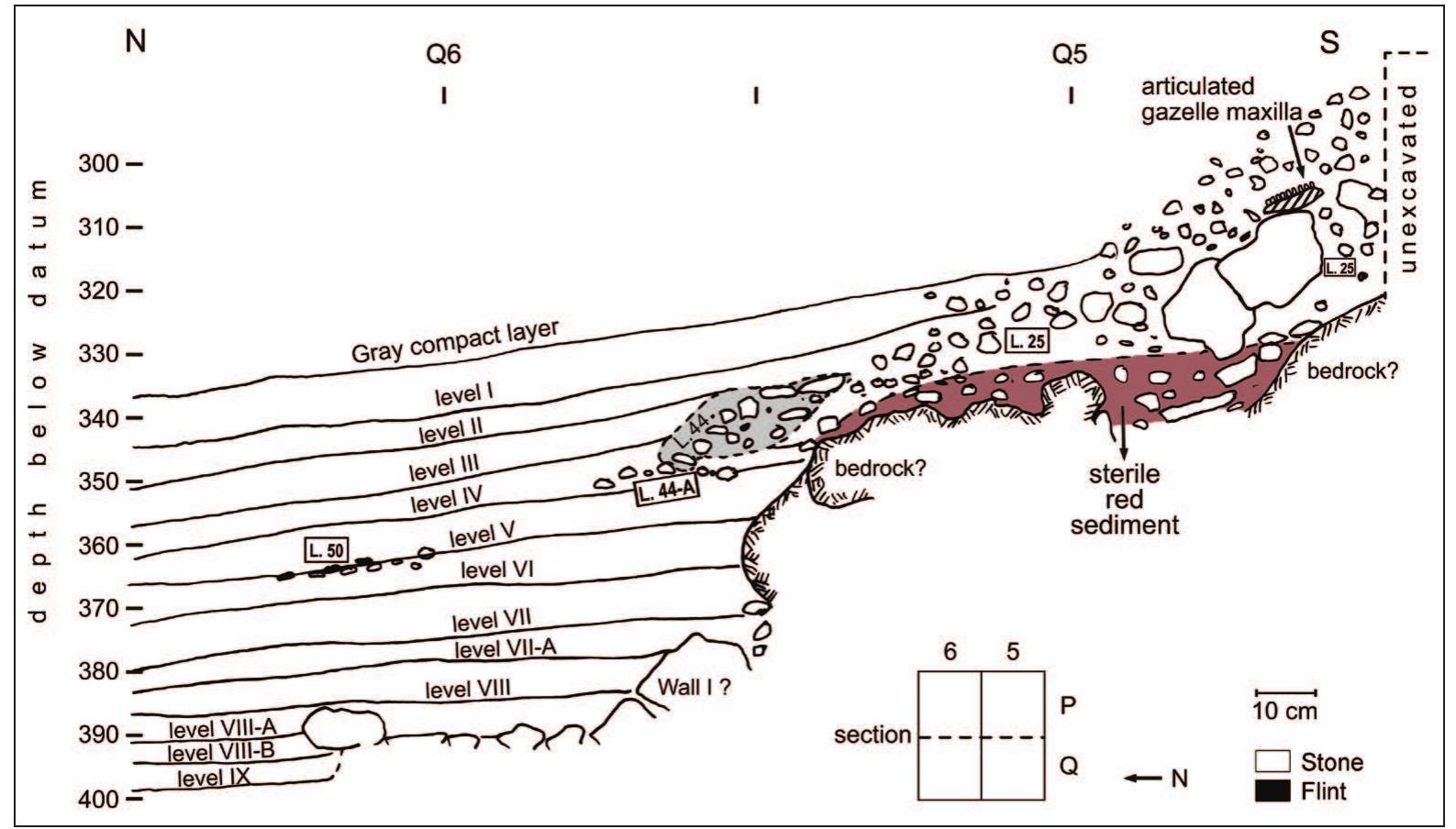Figure 11. Composite section of Loc. 25, Wall I and EN levels of phases W-5 (levels I-III), W-6 (Levels IV-VII-A) and W-7 (levels VIII-IX).  Figure 10. Loc. 67. A concentration of stones, bones and lithics within a burned matrix (view from the east). 