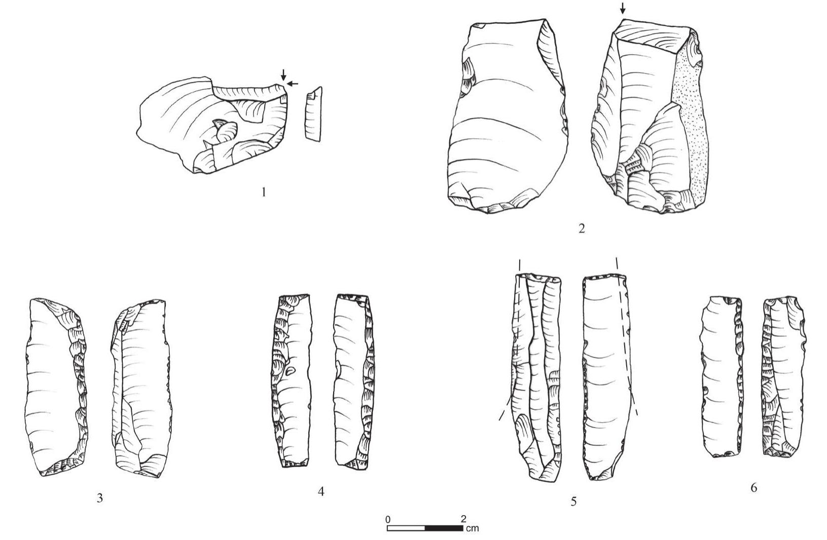 Figure 26. Tools: 1-2) dihedral burins; 3—6) sickle blades (for items 3, 4 and 6, polish was observed by microscope). 