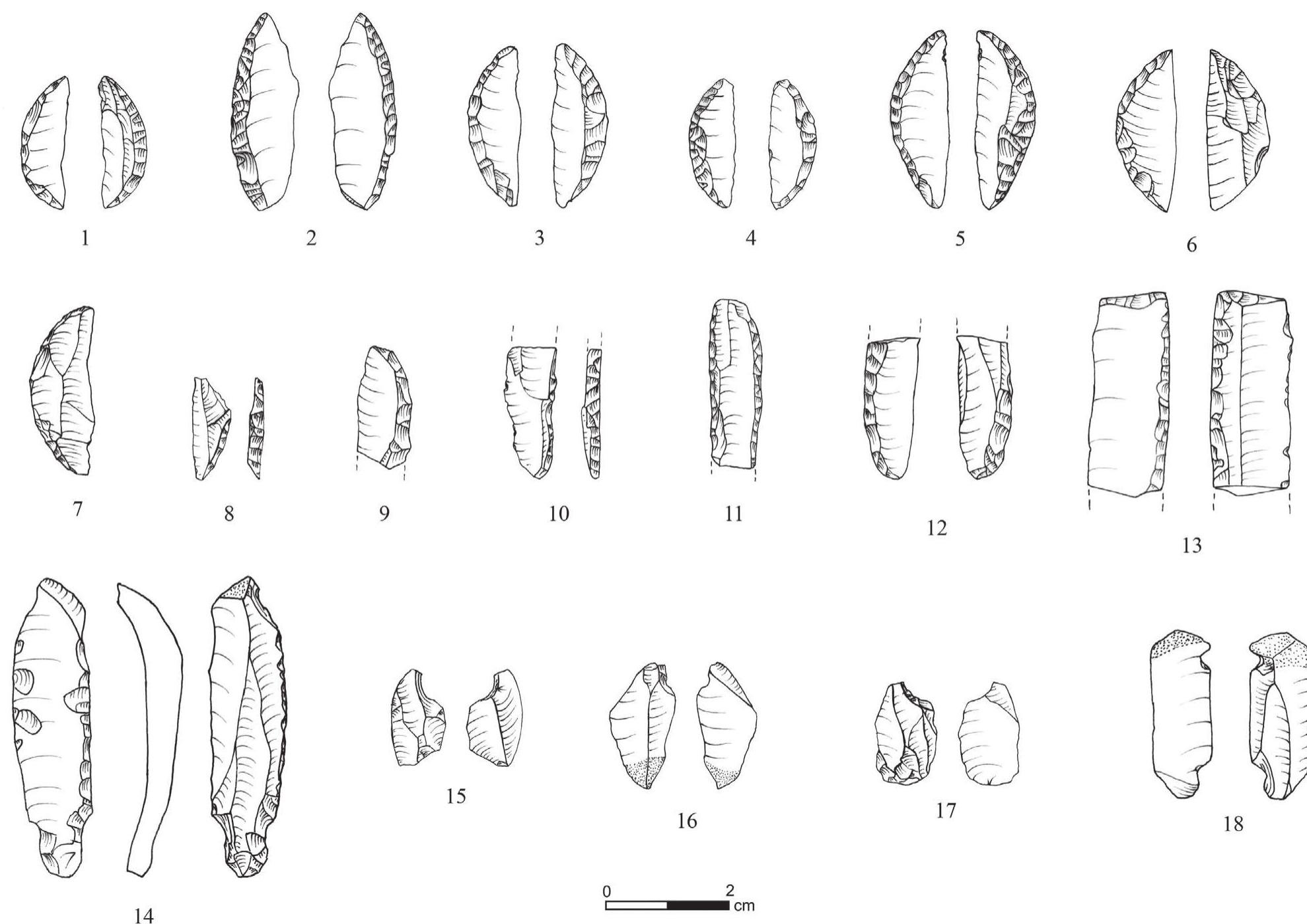 Figure 27. Tools: 1-6) Helwan lunates; abrupt backed lunates; 10) backed bladelet; 11) bilaterally retouched bladelet; 12) Helwan bladelet; 13) Helwan trapeze; 7—9, 14) alternate retouched bladelet; 15—18) microburins.  Table 11: Sq. O7: Percentages of retouched items according to level. 