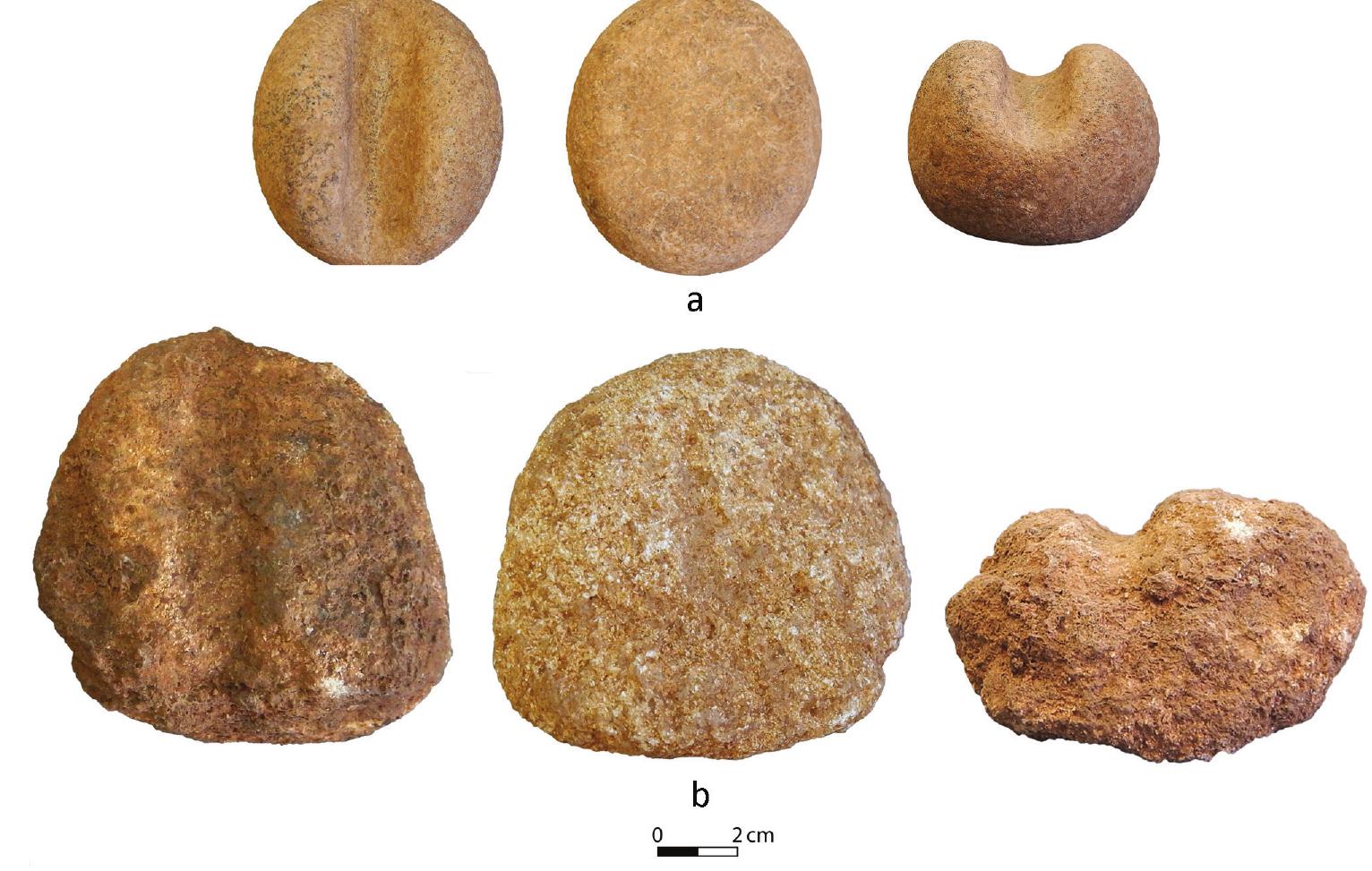 Figure 32. Grooved items found at EWT from: (a) Late Natufian context; (b) Post-Natufian context. 