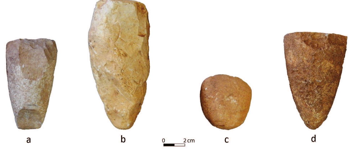 Figure 33. Bifacial tools found at EWT from: (a); Post-Natufian context (b-c); Mixed Natufian context; (d) Unclear context. 