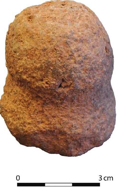 Figure 35. Unique bulb-like pestle found in unclear context at EWT.  a high number of compact basalt tool fragments (n=23).  The bifacial tools are made of limestone and compris« of an axe and an adze. The axe is broken medially. Th preserved opposite end is conical, coming to a roundec point (Fig. 33d). The adze is also broken medially. Th opposite end is triangular with one flat and one obliqu« side. The surface is highly smoothed. In addition, there 1:  a hioh nimbher of comnact hacalt ton] fraaomente (n=7 2). 