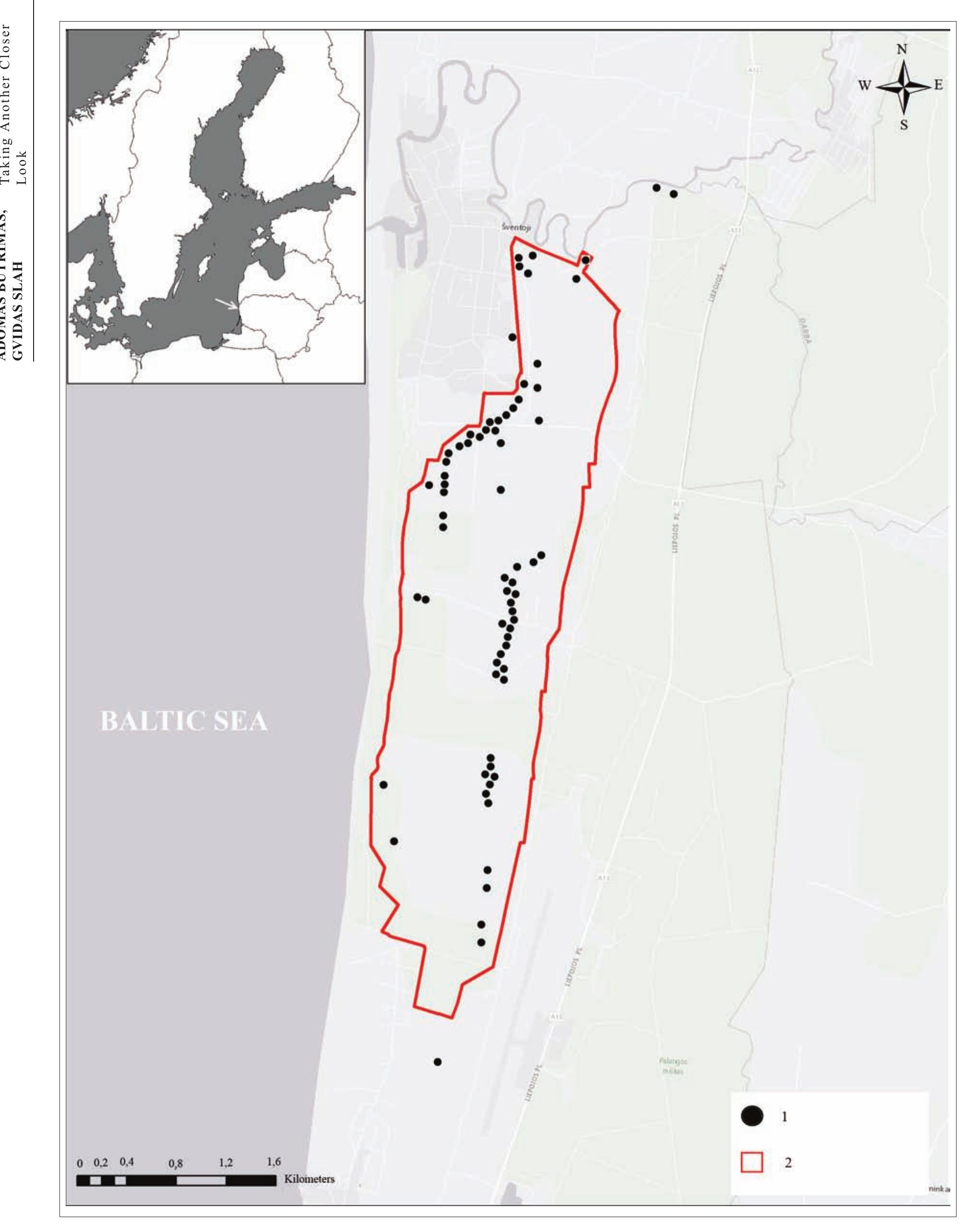 Fig. 1. A map of the Stone Age sites at Sventoji where the elk staffs were found: | the studied sites; 2 the boundary of the Sventoji Neolithic settlement (compiled by Tomas Rimkus). 