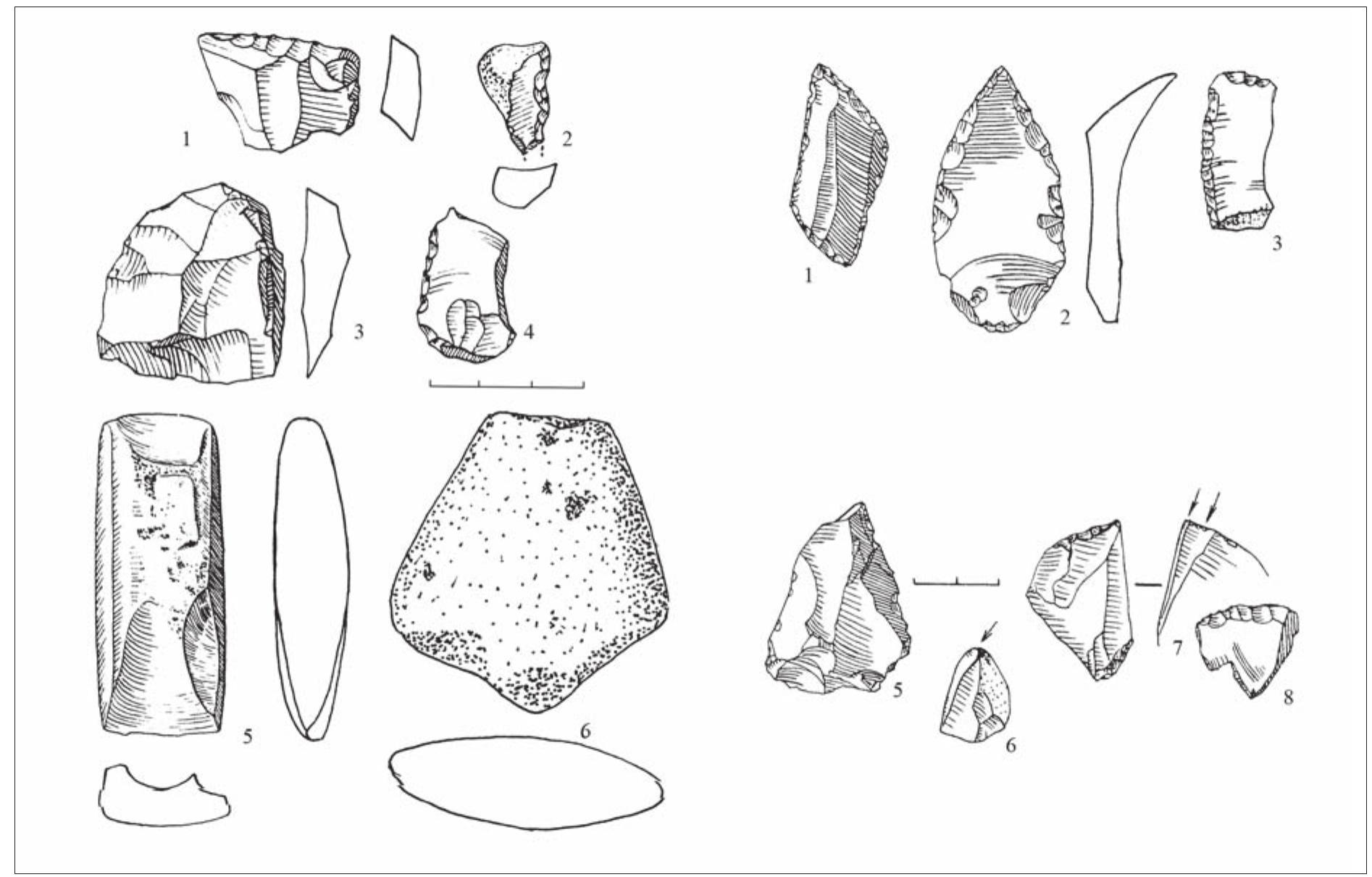 Fig. 16. Flint tools from Sventoji sites 3 and 4 that could have been used to make elk staffs (after Rimantiené 2005, Figs. 146, 169, 216). 