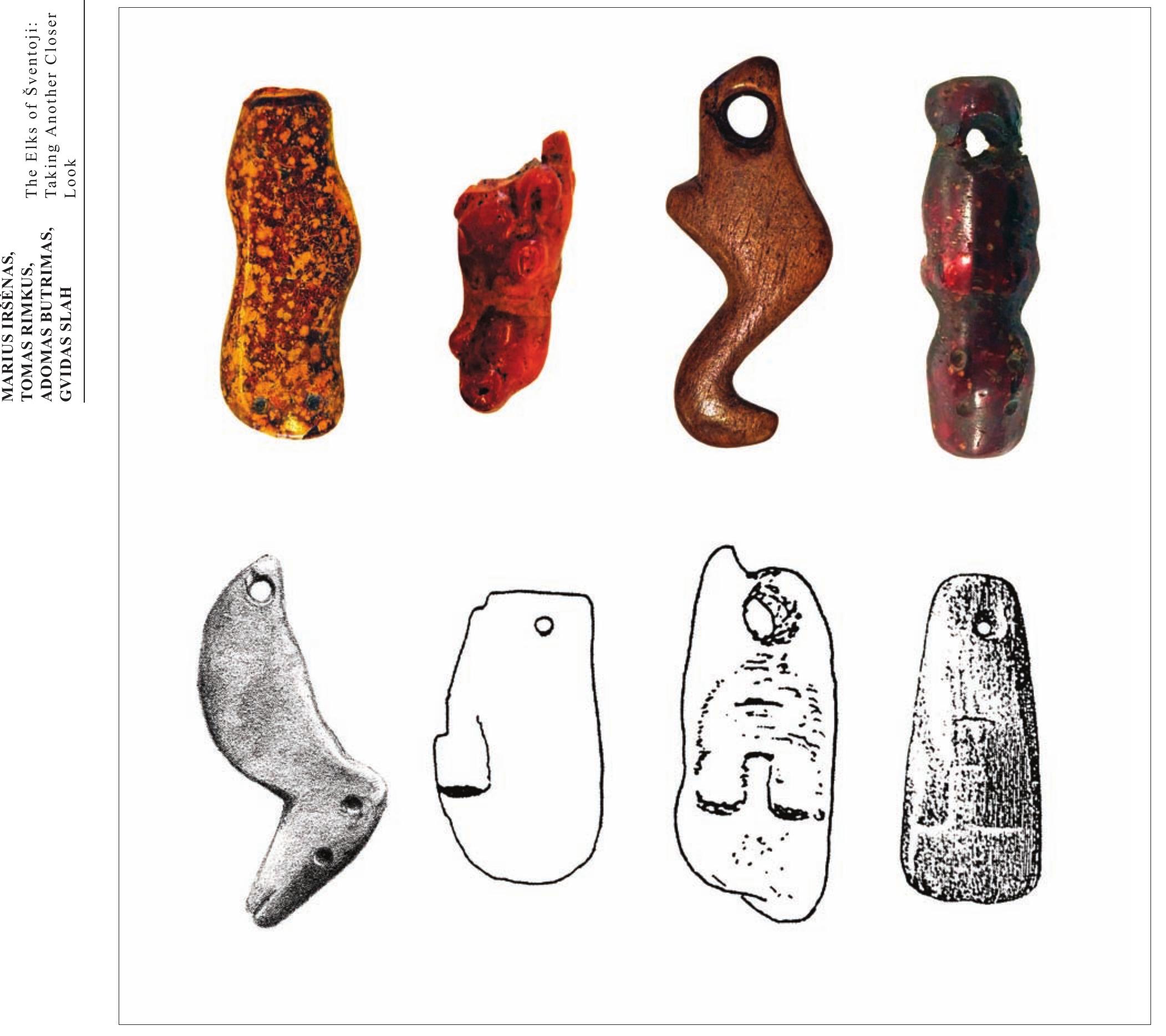 Fig. 19. Figurines that hang upside-down, from: 1 Abora (LNVM, photograph by Marius Irsénas); 2 Sarnate (LNVM, pho- tograph by Marius Irsénas); 3 Tamula (ARCTU, photograph by Marius Irsénas); 4 Valma ARCTU (ARCTU, photograph by Marius Irsénas); 5 Juodkranteé (after Klebs 1882, Table VIII: 21); 6, 7 Astuvansalmi (after Grénhagen 1994, Figs. 1—2); 8 Metsapirtti (after Ayrapaa 1945, Fig. 2). All pictures not to scale. 