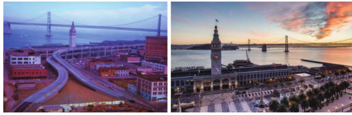 Figure 2. San Francisco Embarcadero Freeway; a. A view from the time it was built, b. The city square that emerged after the removal of the highway.  we consider the tendency to exist in very bad or deteriorating environments - they have many common points. They are vacuum generators. It’s not as much about the lines that are drawn, it’s the void they produce with dead-end city streets and thus a border vacuum. That promotes vacancy and urban decay (Url 1). Often borders are thought of as passive objects, or matter-of-factly just as edges. However, a border exerts an active influence (Jacobs, 1961). Jacobs quoted Kevin Lynch on the solution to borders; an edge may be more than simply a dominant barrier if some visual or motion penetration is allowed through it—f it is, as it were, structured to some depth with the regions on either side. It then becomes a seam rather than a barrier, a line of exchange along which two areas are sewn together (Hirt & Zahm, 2012). Embarcadero Freeway in San Francisco is an example that breaks ‘the curse of border vacuum’. In 1958, when an elevated freeway in front of the historic Ferry Building was built, it blocked the section of the waterfront and cut off public activities. This freeway not only created a barrier also produced a vacuum that left unused space. The freeway was a border vacuum; it was completely removed after the damage made by the earthquake because it was economically not feasible making a new one in 1989 (Url 1). Today Embarcadero Coast is a square with a view of shopping, trams, and bridges (Fig 2). 