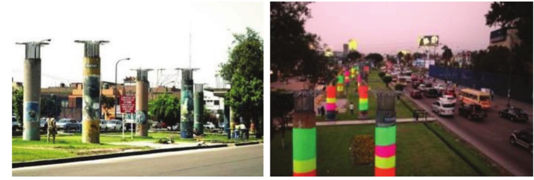 Figure 4. Basurama’s project ‘Ghost Train Park’, a. Old structure of electric train, b. New project.  Another example is an amusement park transformed from an old electric train ruin in  Lim and rec  4).  proj  a, Peru. The Spanish group Basurama, who are a group of artists engaged in design production to ensure reuse of waste by making permanent or temporary projects, has aimed abandoned industrial land and turned it into a re-purposed amusement park (Fig n 1986 a large strip of land was aside for what was to be Peru’s new electric train. The ect was halted and it was partially constructed with concrete columns. The group joined  up with local artists, architecture students, and activists to design a colorful amenity space.  Bas  urama’s aim was to study those phenomena inherent in the massive production of real  and gen  virtual trash in the consumer society, providing points of view on the subject that might erate new thoughts and attitudes (Url 3). 