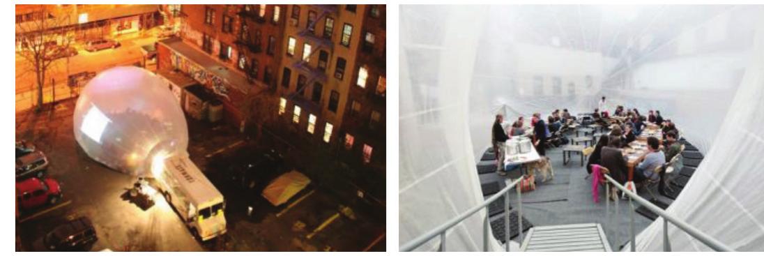 Figure 5. Space Buster pavilion by Raumlabor; a. Installation in parking lot, b. a view from inside the bubble.  Berlin-based architects Raumlabor designed and developed an architectural work entitled as ‘the Space Buster’ by temporarily transforming locations. This work was developed to explore the qualities and possibilities of public space in New York City in 2008. It interacts with the architectural and the social space and its conditions and opens urban space for temporary collective uses (Url 5). The ‘Space buster’ is comprised of a big inflatable bubble- like dome coming out of the back of the van fitting up to 80 persons in it. People enter the space through the passenger's door of the van. The bubble space has the ability to adjust its surroundings whether it is placed in a parking lot, under a flyover, or an abandoned area. The bubble is supported by air pressure generated by a fan underneath the ramp. The membrane of the bubble is specially designed translucent plastic so people on the inside can see schematically what’s going on outside. The membrane acts as a semi permeable border between the public and the private. This flexible space establishes a whole new atmosphere as well as ‘the momentum of the visibility of the things happening to the public’ (Url 6) allowing the varying activities to take place inside the bubble such as lecture series, dinners, dance parties through being furnished with desks, chairs, tables (Fig 5).  