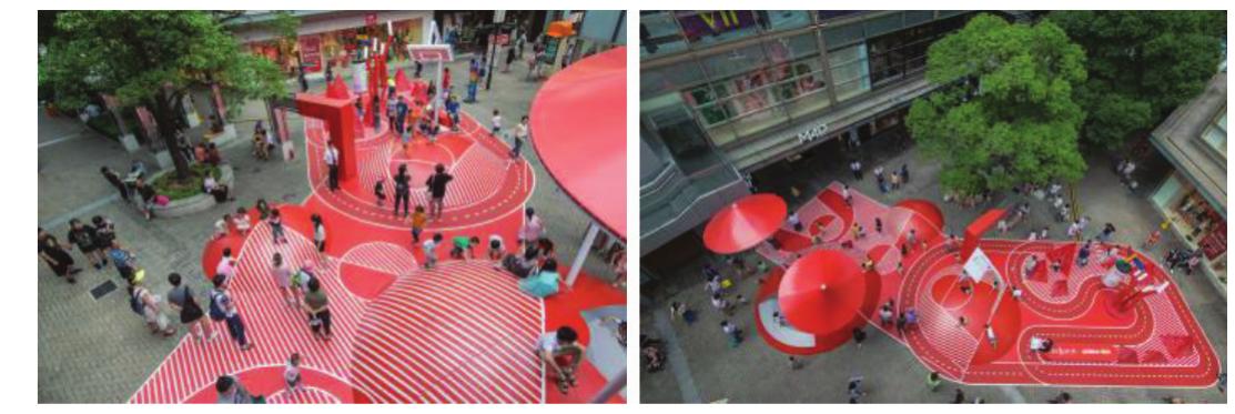 Figure 6. The Red Planet; a. Installation in POP, b. a top view of playground.  The Red Planetis another example of an intervention of transgressing borders between public and private spaces. The Red Planet is a public space intervention designed by 1ooarchitects. t's a circulation area to attract customers and to spend quality time interacting with other people. It is organized in one of the biggest shopping centers in Shanghai and enhances the experience in the privately-owned public space (POPS) within an open-air Retail Street. The project serves asa surreal playground with its bubbling basketball field, chalkboard pyramids, benches, and other random games. It provides an artificial topography for playing, climbing, sitting, laying. More particularly, how to colonize and use the spaces of installation has been eft to the imagination of children (Fig 6). aooarchitects explains this unusual playground as follows: ‘our proposal arose from a surreal approach, from the intention of breaking the conventional rules of perception, of what is already conceived as reality, in order to trigger ids’ imagination and creativity as well as immersing them in a colorful experience.’(Url 7)  