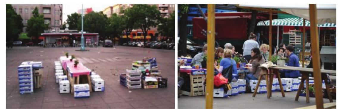 Figure 7. Gefundenes Fressen (Donation Dinner); a. Installation in Public Square, b. Joining the dining table. 