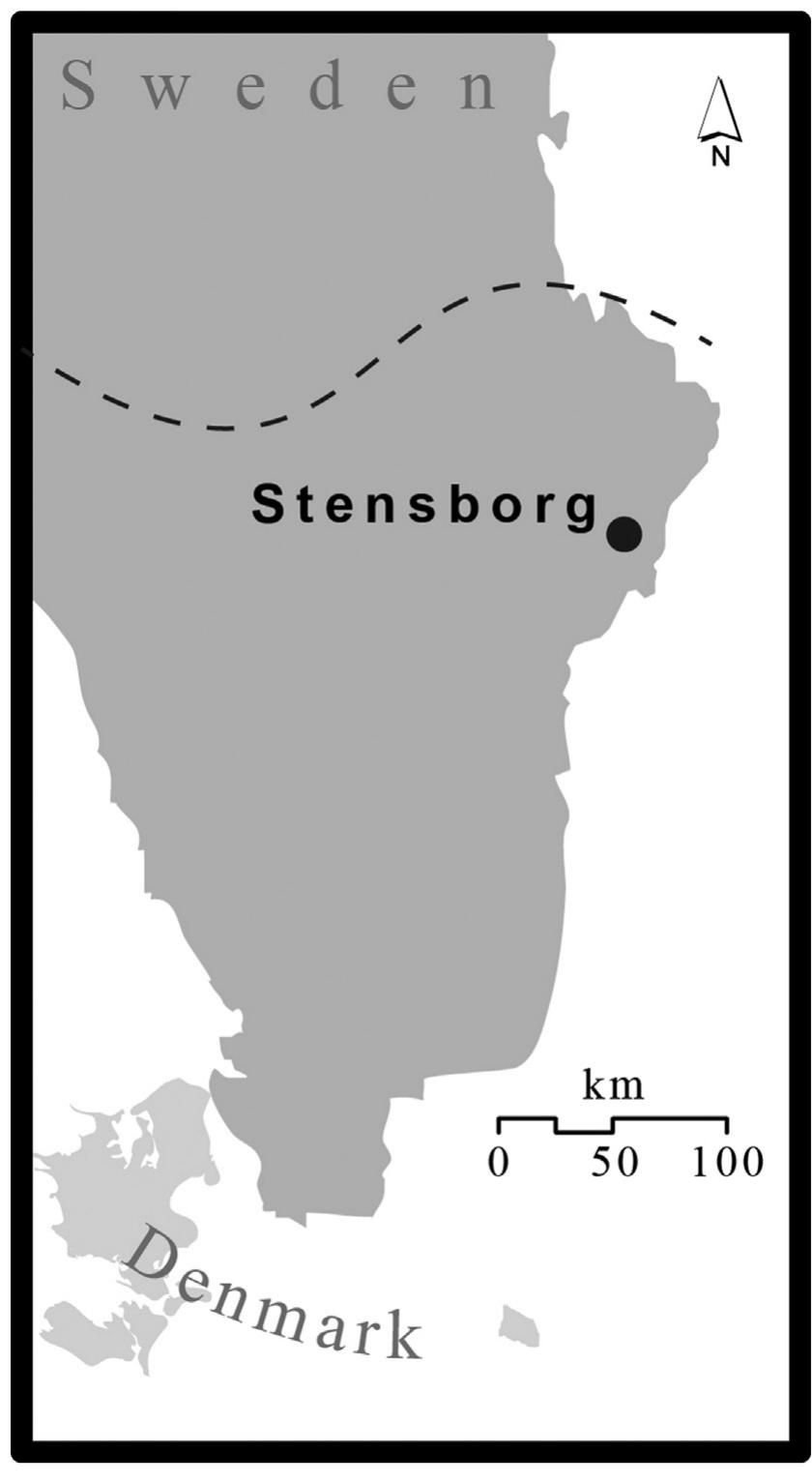 Fig. 1. The location of Stensborg in central Sweden. The dotted line indicates the ap proximate northernmost limit of the TRB North Group (after Hallgren, 2008; Miiller 2011). 