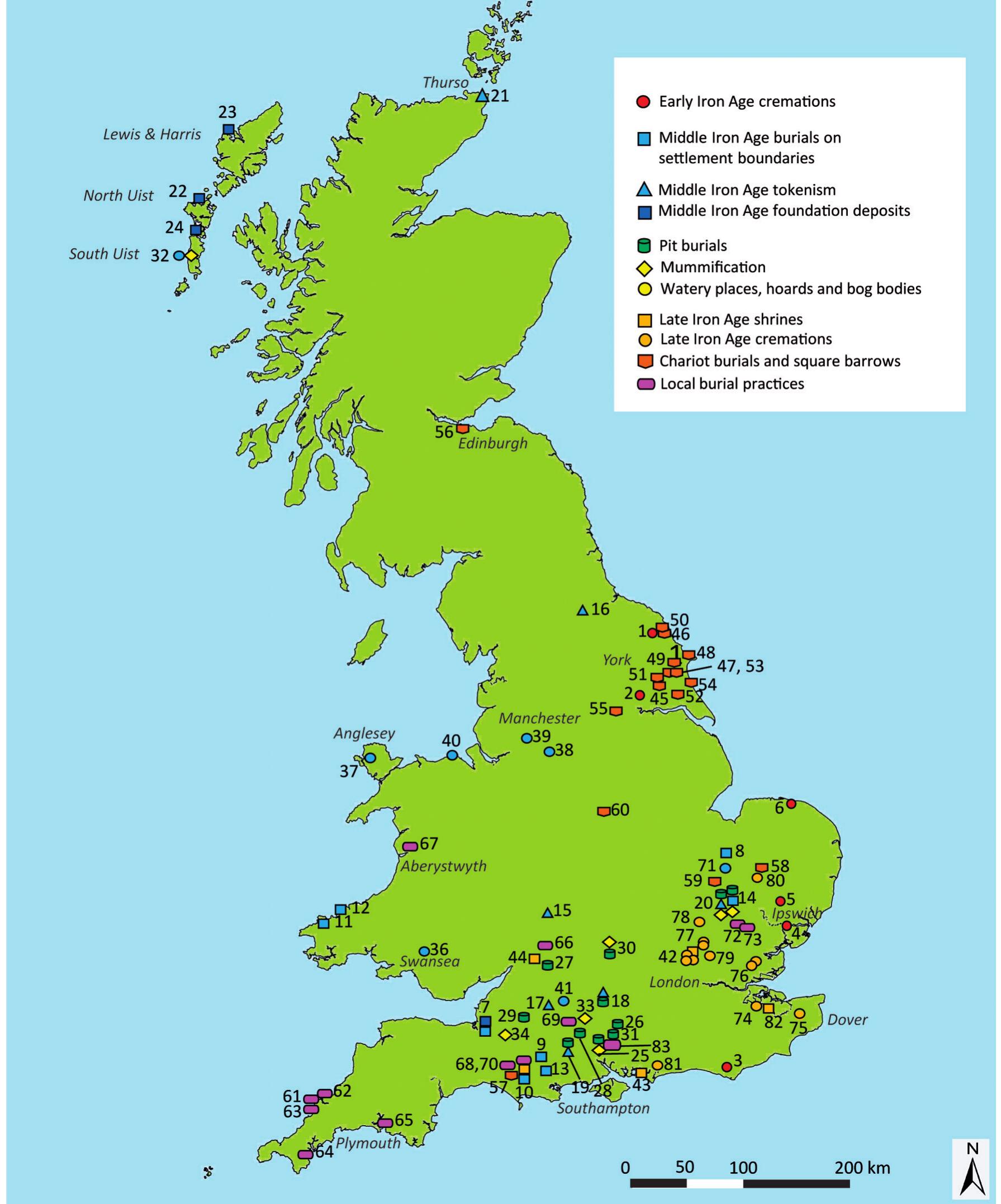 Fig. 1 - Distribution of selected British Iron Age burials noted in the text. Map L. O’Brien.  sites (Whimster 1981; Wait 1985; Hill 1995). This paper only aims to provide an introductory overview of this data, highlighting general trends. The locations of the selected sites noted in the text are mapped (fig. 1). The fragmentation of records, the prevalence of unpublished ‘grey’ literature and separate regional heritage management systems and personnel are factors which can hinder synthetic research. A number of studies are now re-interpreting data from historic excavations, reinforcing the imperatives of thought- ful sampling strategies, modern excavation techniques, specialist analyses of skeletal and environmental remains, and absolute dating. 