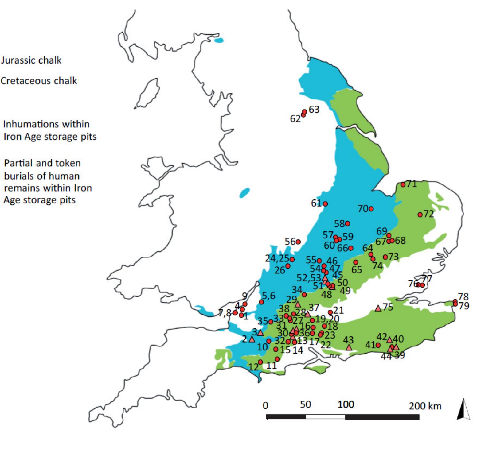 Figure 2. Distribution of human remains in early and middle Iron Age grain storage pits, highlighting correlation between pits and chalk geology. © British Geological Survey/Natural Environment Research Council mapping.  Deposits of human remains are often found combined with deposits of animal remains, pottery and other naterial; these may have been deposited in a structured way according to ‘rules of deposition’ relating to heir position in the pit and specific associations with other classes of material (Hill 1995, 54) and ‘... all he elements of this depositional practice were treated in similar ways and formed part of a web of associations’ (zbid., 100). Deposits of metalwork are relatively rare; an unusually high proportion of iron wotk has been noted in grain storage pit deposits at Ham Hill hillfort (Gomerset; Brittain ef al. ‘orthcoming). 