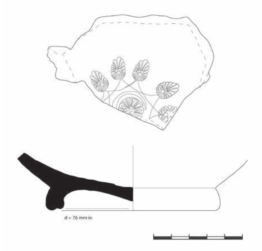 Fig. 2: Black glaze echinus base of late classical style with imprinted palmette decoration, OH17_2016_01 (drawing by C. Haubenthal & H. Havlikova).  OH_ID_2016 (OHRID_12_ 04); necropolis (IA/A, C, Hell)  A single  find o  f a black glaze echinus base of late classical style with imprinted  palmette  decoration, and a slightly flaring ring foot that is grooved with a nipple underside (Fig. 2) (ROTROFF 1997,  amole hi  1), rig  161-162; DE MARIGNY 2013, 22). It was found in the field (lying on t  he top of  ht on the northern edge of a modern cemetery, and ca. 40 m east of a new road  construction, near the village of Gorentsi. The single find is situated within the necropolis of  Trebenis  hte, W  hich was excavated repeatedly since the first discovery of the “prince  y graves”  in 1918, and dates from the beginning of the 6"c. BC to the end of the 4"*c. BC (cf. Vasi¢ 1999; STIBBE 2002, 43-48). 