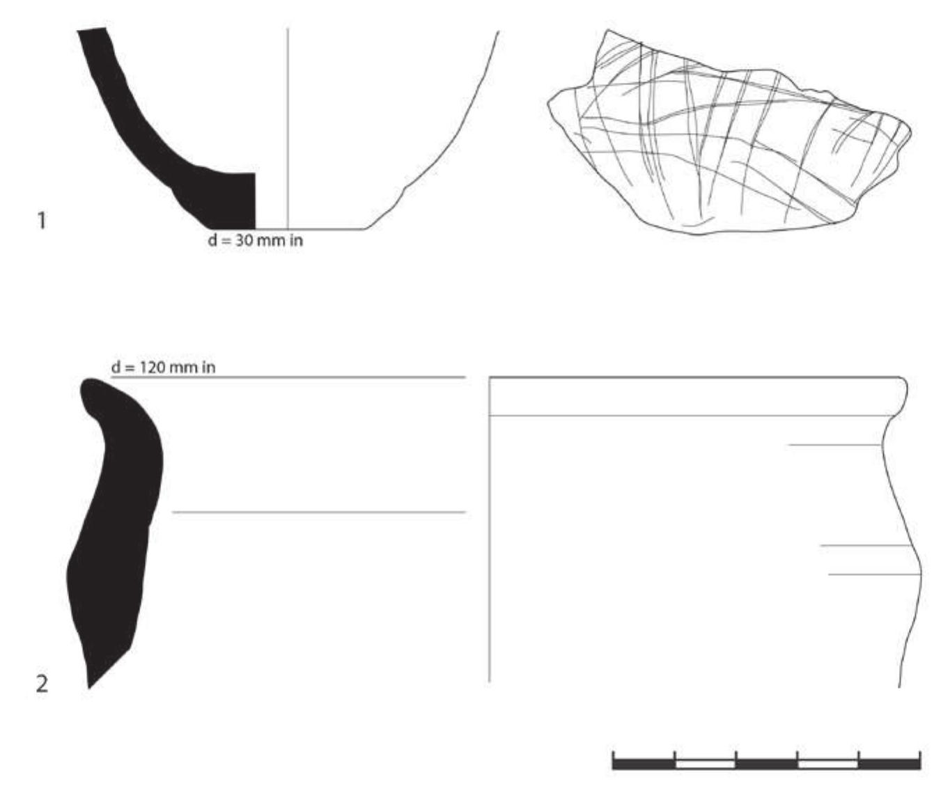 The majority of the ceramic material dates to the Late Neolithic/Eneolithic and Bronze Age periods according to the local chronology. They are hand made and represent open shapes (table wares and drinking vessels) if identifiable (Fig. 4:1-2). Multiple local parallels are known from the well documented contexts of the palafitte settlements in the ‘Bay of Bones’ Ohrid (Ohridati) and Vrbnik (cf. KuzMAN 2013; TODOROSKA 2010). Besides coarse wares, also reddish, wheel made fine and semi-coarse ware fragments were collected, which belong to the Hellenistic period, and are analogous to the finds unearthed in the fortresses around the Ohrid and Struga plains as well as in the necropolises in Delogozhda and Trebenishko kale (cf. BITRAKOVA GROZDANOVA 1995).  