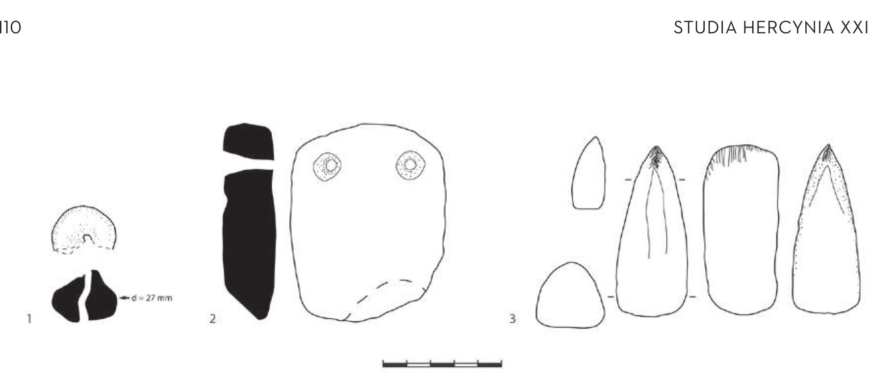Fig. 7: Selected tools from the surface survey on the hill Gradishte, above Leskoec (OH_ID_2029). Neolithic, Bronze Age: 1 - loom weight, OH17_2029_10; 2 - grinding stone, OH17_2029_33; 3 - stone axe, OH17_2029_30 (drawings by C. Haubenthal & H. Havlikova). 