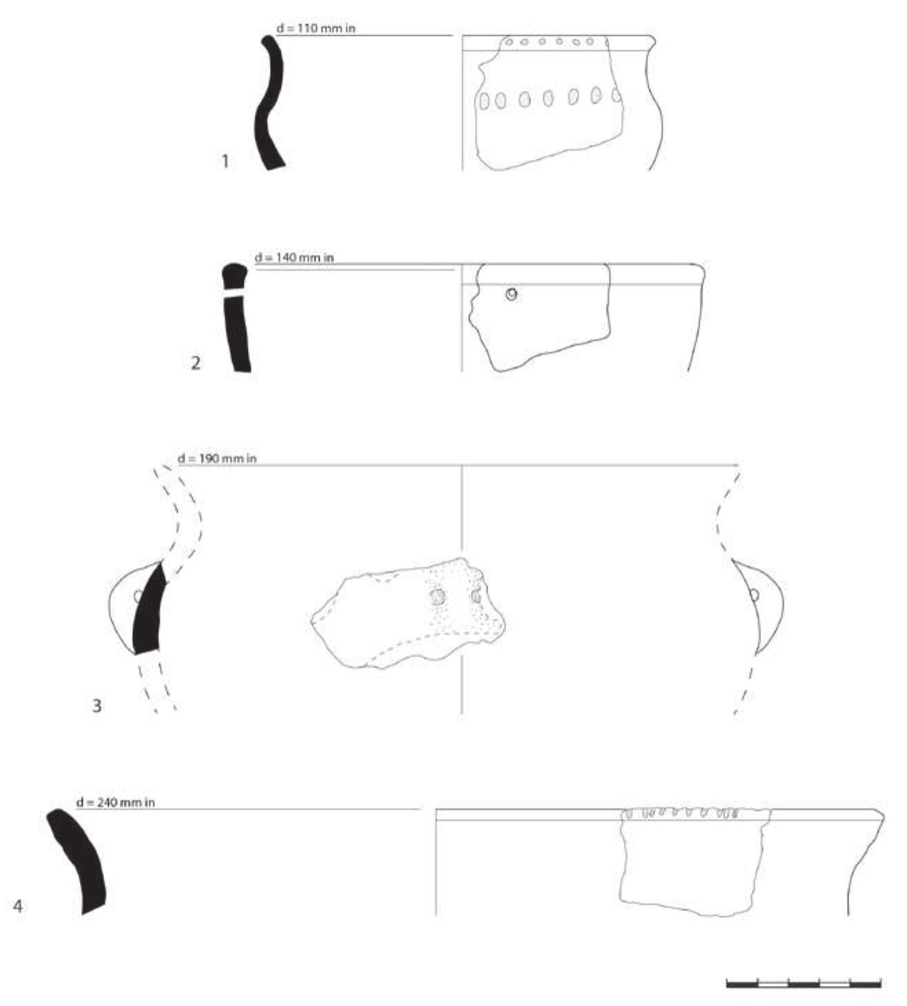 Fig. 8: Selected pottery from the surface survey on the hill Gradishte, above Leskoec (OH_ID_2029). Bronze Age: 1 - cup with everted rim and impressed decoration, OH17_2029_13; 2 - large coarse ware basin with in-turned rim and perforations below the lip, OH17_2029_11; 3 - bowl with horizontally pierced lug handles, OH17_2029_15; 4 - storage vessel with impressions on the rim, OH17_2029_08 (drawings by C. Haubenthal & H. Havlikova). 