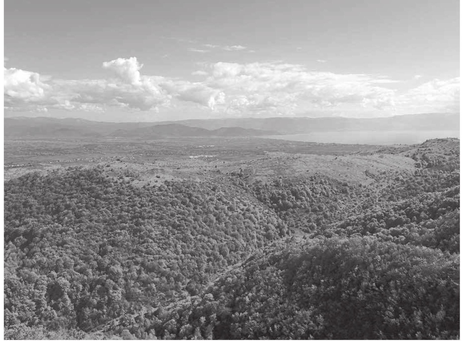 Fig. 18: View from the fortified site Vajtos-Oktisi, OH_ID_2065 (photo by P. TuSlova).  OH_ID_2065 (STRUGA_32_01); fortified settlement (Hell, R, LA)  A fortified settlement from the Hellenistic and Roman periods known as Gradishte Vajtos, located about 2 km south-west of the village of Oktisi (BITRAKOVA GROZDANOVA 2004, 26, fig. 3). The site is situated on one of the many hills placed in the second ‘line’ of the Jablanica mountain range, not directly connected to the Struga plain (Fig. 18 - view from the site to- wards Lake Ohrid). The position is ideal for guarding the four-kilometre long pass indirectly connecting the area today represented by the villages of Vishne and Oktsi.  