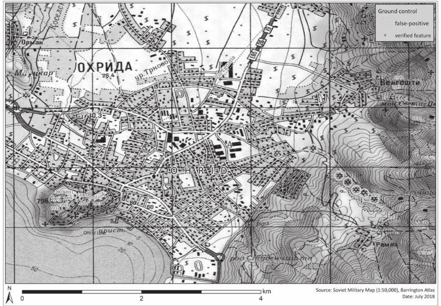 Fig. 21: Section of the Soviet topographical map (city of Ohrid) with presumed symbols for burial mounds marked in circles (map by B. Weissova).  £ t t  The group of false-positives, i.e. present on the map but not in the terrain, includes 27 points (84%). Looking for the reasons for their absence, we could explain 20 of them as the results of human activities including recent constructions, agriculture and looting. However, seven of  hem are supposed to be situated on very steep slopes, and as we confirmed during the survey, hese locations seem to be entirely inconvenient for burial mounds. This fact let us question  he primary correctness of the map-derived symbols. 
