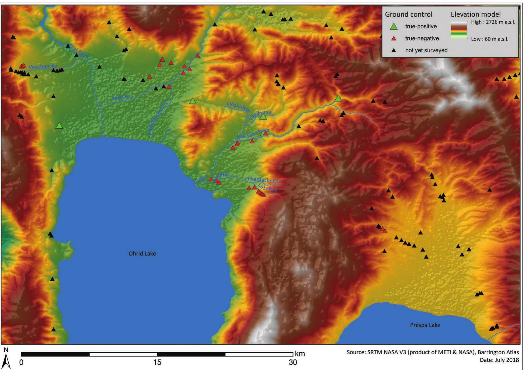Pl. 2/3: Surveyed mounds in the Ohrid and Struga plains, combined with the route of Via Egnatia and the original river bed of the Sateska River (map by B. Weissova, Via Egnatia according to the Barrington Atlas). 