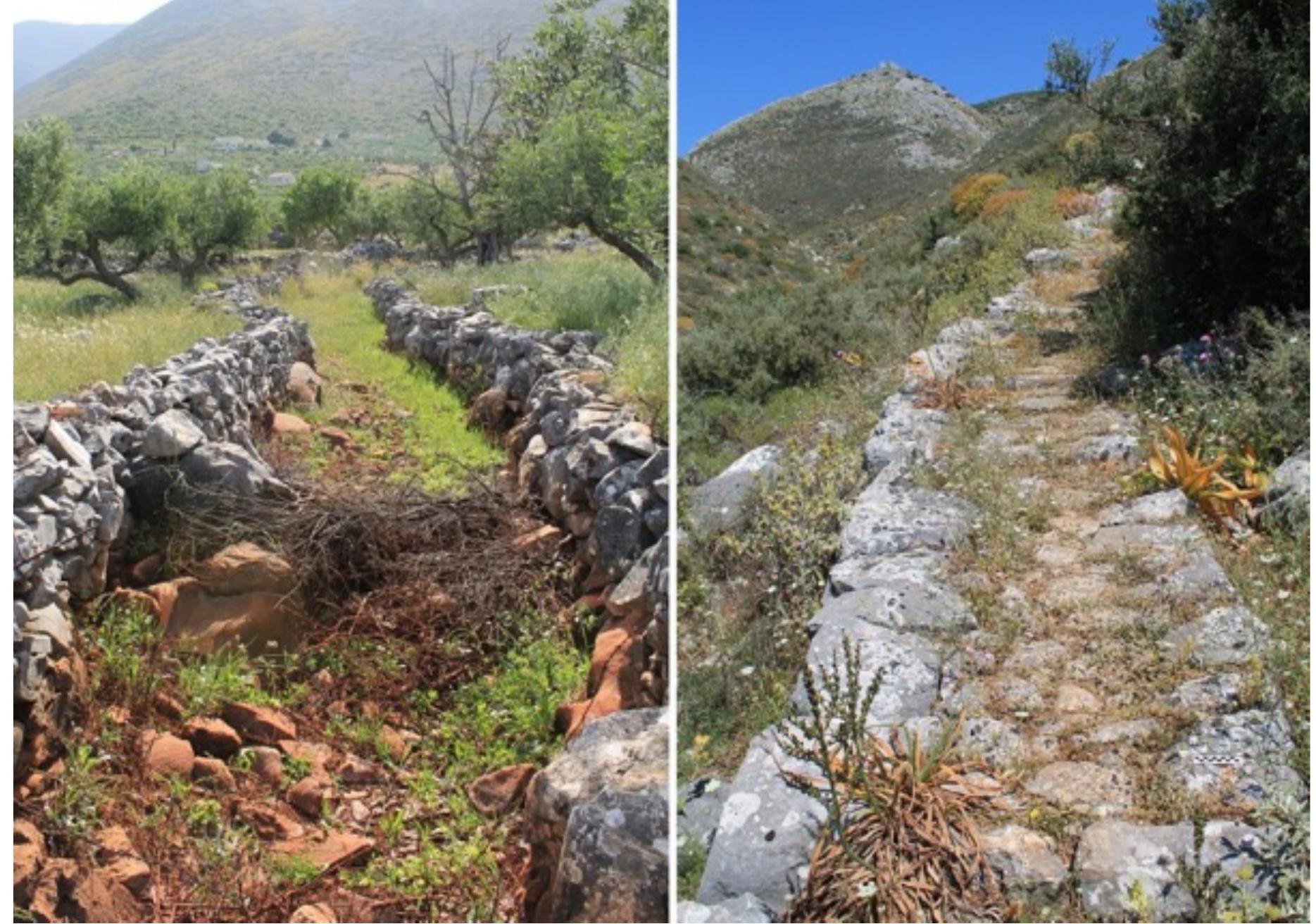 Figure 2. Photographs of a typical walled footpath (left) and stone-paved ka/derimi (right). Photos by
Rebecca M. Seifried.
 Between 2014 and 2016, the primary author mapped the remains of the path
