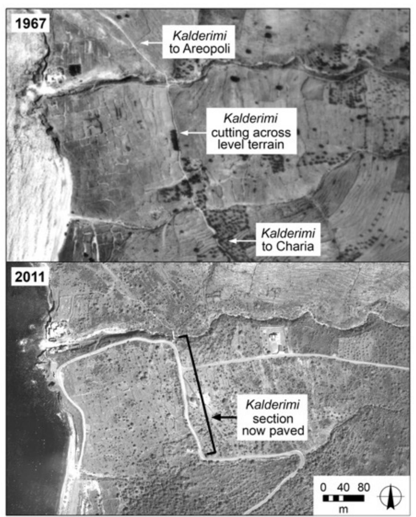 Figure 4. Identification of a now-destroyed pre-modern pathway in the bay north of Pyrgos Dirot
 Illustration by Rebecca M. Seifried.
