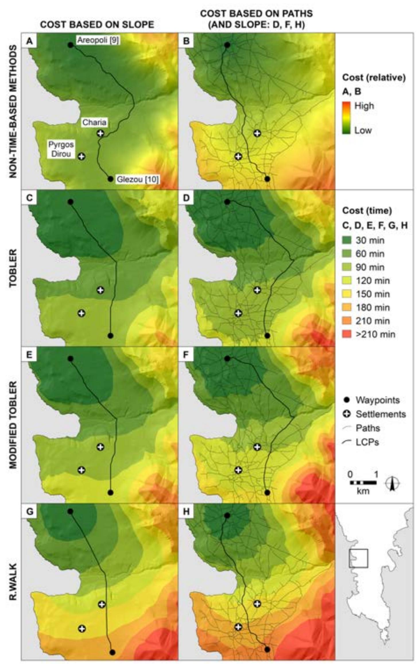 Figure 8. Comparison of the accumulated cost surfaces calculated from Areopoli and least-cost paths
