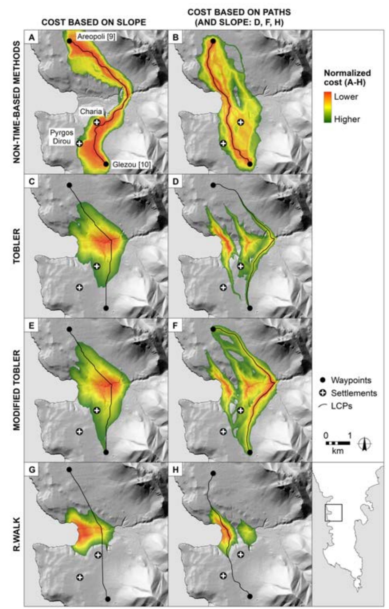 Figure 9. Comparison of low-cost corridors and least-cost paths between Areopoli and Glezou, as
generated by eight procedures: (A) slope only, (B) paths only, (C) Tobler, (D) Tobler’s + paths, (E)
Modified Tobler, (F) Modified Tobler + paths, (G) r.walk, and (H) r.walk + paths. Note that D and E

highlight three good candidates for travel between the waypoints. Illustration by Rebecca M. Seifried.
 Figure 9. Comparison of low-cost corridors and least-cost paths between Areopoli and Glezou, as

