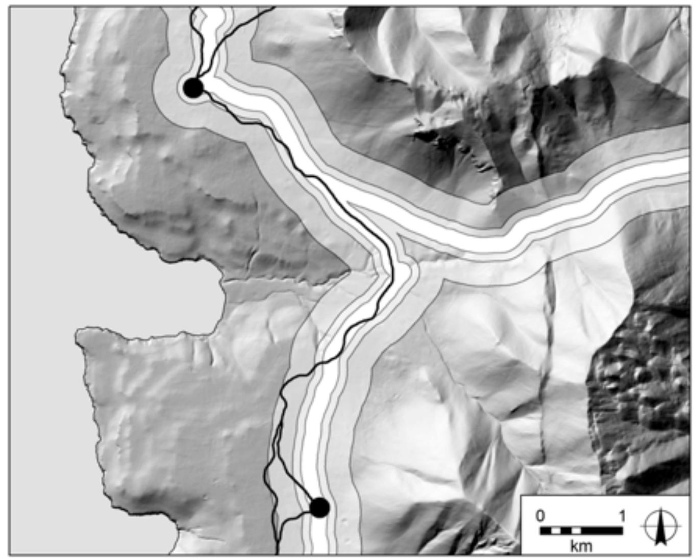 Figure 11. Least-cost path produced by the slope (A) procedure, overlaid on 100-m, 200-m, and 500-
 gorithm produces a model that more closely adheres to the input cost raster
 paths (B) LCP and the r.walk + paths (H) LCP. This suggests that the r.walk
 Not surprisingly, greater correspondence can be seen in the models based on the
