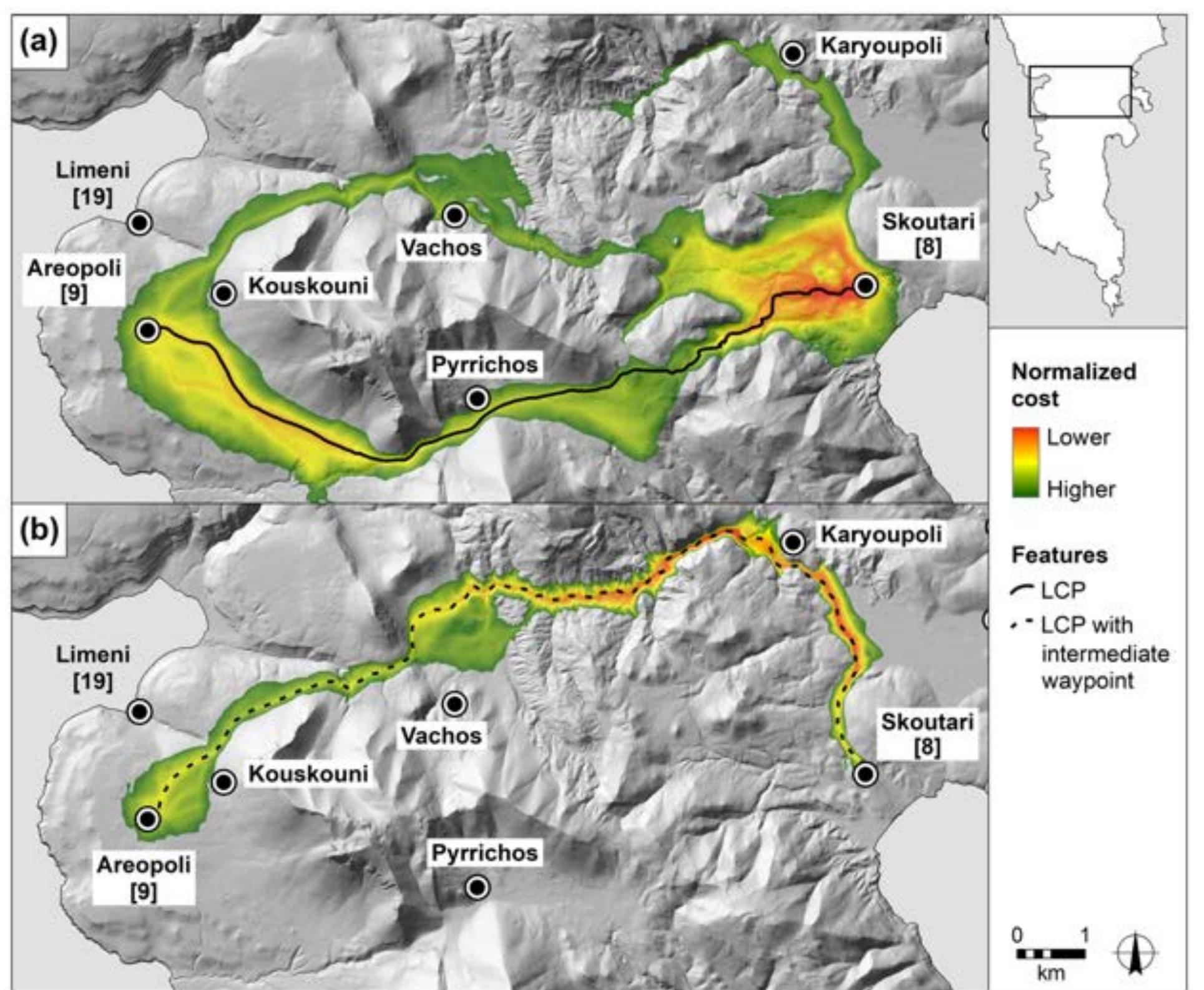 Only one leg of Leake’s journey — the route between Kyparissos [11] and
Kokkinogeia [12] — could not be successfully predicted no matter the procedure
used (see Figure 15). It seems as though Leake chose a path that provided a bett
view of the surrounding landscape, with no regard for the higher costs associated
with off-path travel and the necessity of climbing steeper slopes (Leake, 1830, p.
296). When his party returned north from Kokkinogeia, they followed “a road to tl
eastward of that by which we came” (Leake, 1830, p. 304). Unlike the first route

south toward Kokkinogeia, the route Leake followed north was satisfactorily

