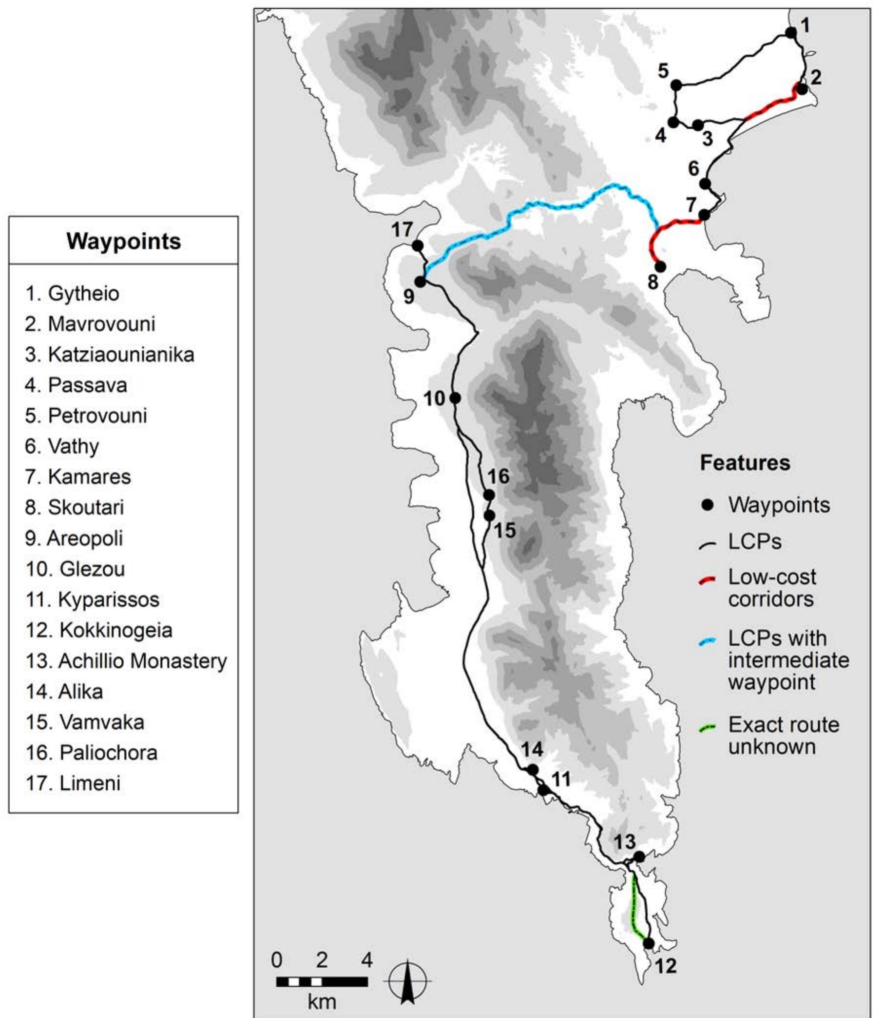 Figure 15. Modelled route of Leake’s journey through Mani in April 1805. Least-cost paths generated
by the Modified Tobler + paths (F) procedure follow his written account in most cases. For a few
sections of the journey, alternative routes better align with his account, including those modelled with

low-cost corridor analysis (red line) or calculated when an intermediate waypoint was added (blue

lina) Tilhictratinn Av DaoaharraM Caifriad
