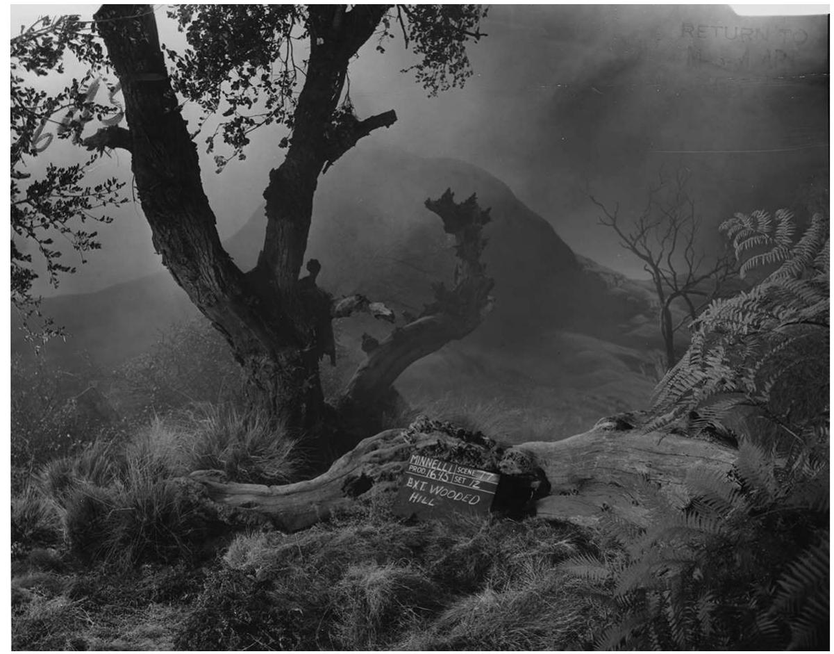 Figure 1. Set reference still, Brigadoon (Metro-Goldwyn-Mayer, 1954). From the collections of the Margaret Herrick Library, Academy of Motion Picture Arts and Sciences.  eV. = ee ee  André Bazin famously describes cinema’s essence as “a dramaturgy of nature” in his 1951 essay “Theater and Cinema—Part Two.”? Although Bazin expresses his disapproval of what he calls “filmed theater,” proclaiming The Cabinet of Dr Caligar (Robert Wiene, 1920) and Die Nibelungen (Fritz Lang, 1925) failures, his complex un- derstanding of the “scenic essence” of drama (whether theatrical or cinematic) 1s less about the relative naturalism of a decor and more about the handling of setting and its effect on the spectator. Bazin praises Grand Guignol plays, for example, for pro- ducing in the spectator “self-awareness at the height of illusion, creat[ing] a kind of private footlights.”° While an exploration of Bazin’s ideas about nature and cinema lies beyond the scope of this brief essay, his notion of the “dramaturgy of nature” can help us understand that a historicization of cinematic nature in the context of an- thropogenic climate change need not focus on the human drama, but should look for places where the human drama is subordinated to the setting. I amend Bazin’s formu- lation slightly by using the term “scenography” (which can be defined as “the totality of visual creation in the stage space”), which is closely related to, but distinct from, the theatrical concept of dramaturgy (which refers more broadly to the dramatic shape 