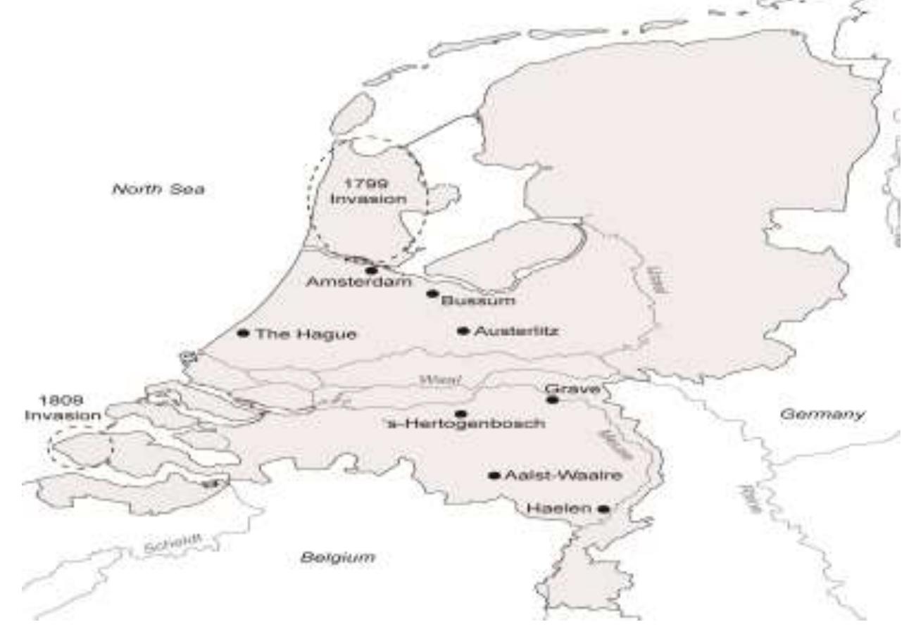 Figure 1: Map of the Netherlands with locations and events mentioned in the text. Source: author.  In 1813 the Netherlands regained their independence and the last troops left the eastern part of the ountry the following year. Alliances changed and in 1815 the Dutch and Belgian troops at Waterloo fought gainst Napoleon as part of Wellington’s army. 