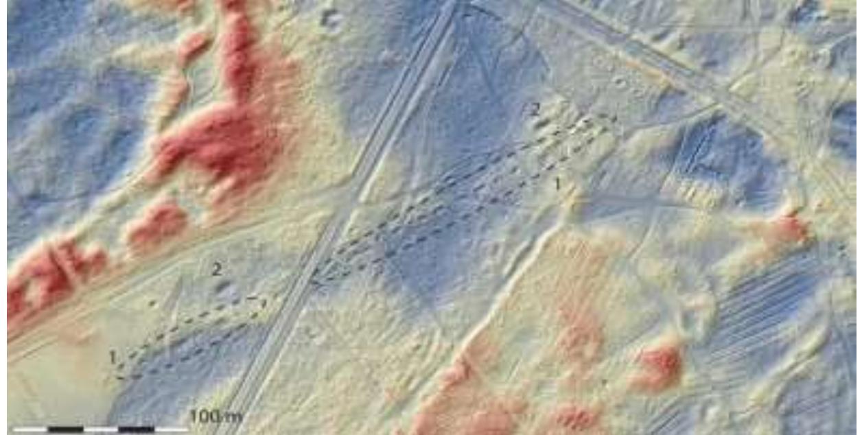 Having addressed the way in which finds from private collections are incorporated into the Dutch heritage system, three case studies will be presented here that indicate how their study can further our understanding of the Napoleonic Era. The first of these is Camp d’Eyndoven at Aalst-Waalre near Eindhoven (figure 1 and 2).  Figure 2: Lidar image of the camp at Aalst-Waalre. (1) rows of (cooking) pits; (2) deep pits. possibly watering places. Source: https://ahn.arcgisonline.nl/ahnviewer. 