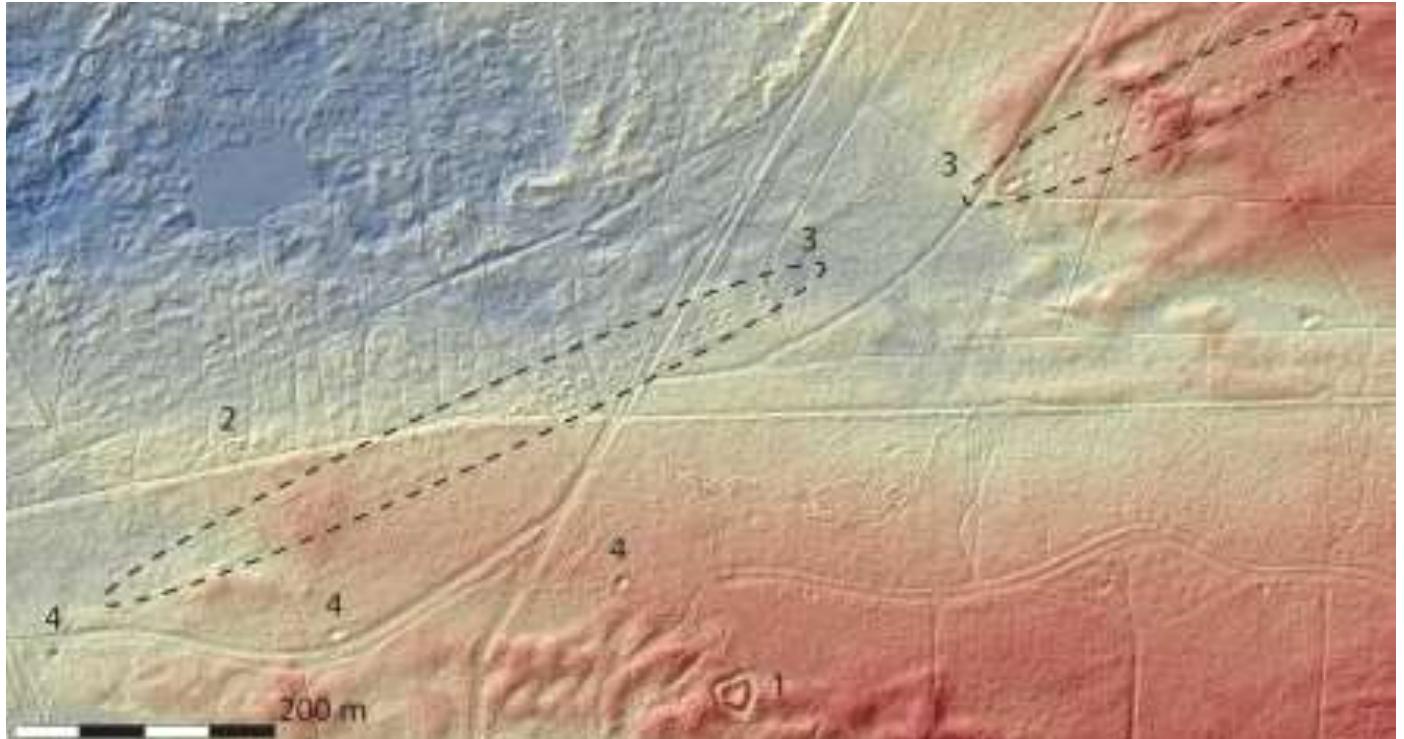 Figure 4: Lidar image of the camp at Bussum. (1) ramparts, garde du camp; (2) possible ramparts; (3) rows of (cooking) pits; 4 deep pits, possibly watering places. Source: https://ahn.arcgisonline.nl/ahnviewer with interpretations after Bazelmans 2016, 13.  Analysing lidar images Bazelmans found several features including an approximately 1 kilometre long row of groups of four to five shallow pits with diameters of between five and six metres. Through test coring it was found that these pits were backfilled with the original podzol soil mixed with small charcoal flecks. The pits were thus interpreted as cooking pits (Bazelmans 2016, 14). Other features included the ramparts and ditch  of a defensive structure measuring about 20 x 20 metres, likely the garde du camp, and possible watering places (Bazelmans 2016, 14). 