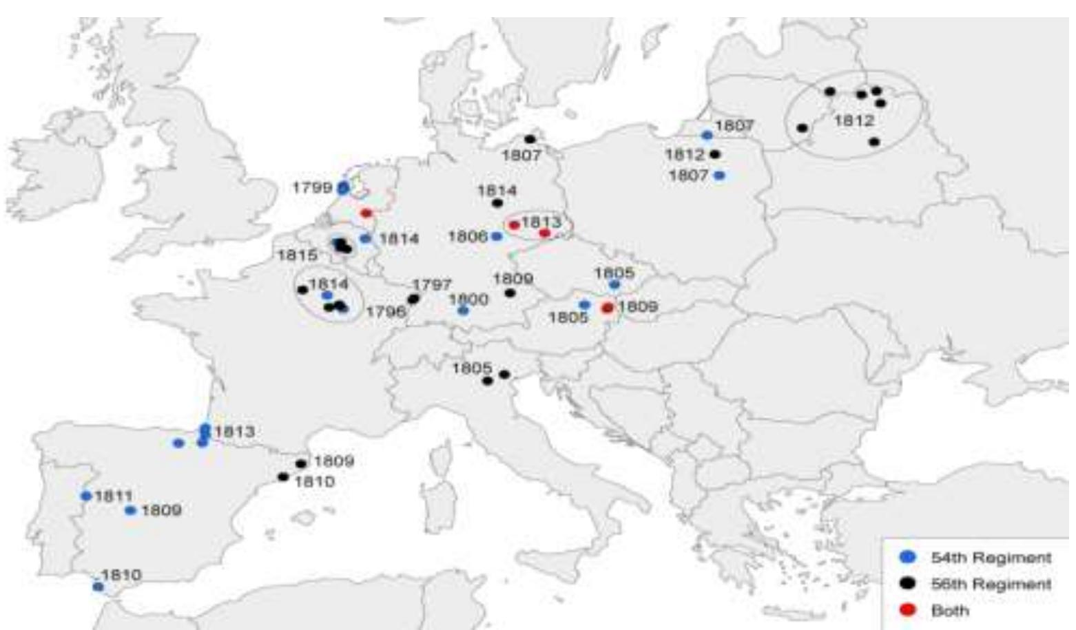 Figure 7: Locations of the main battles of the French 54" and 56" Line Infantry Regiments with year. Source: author. 