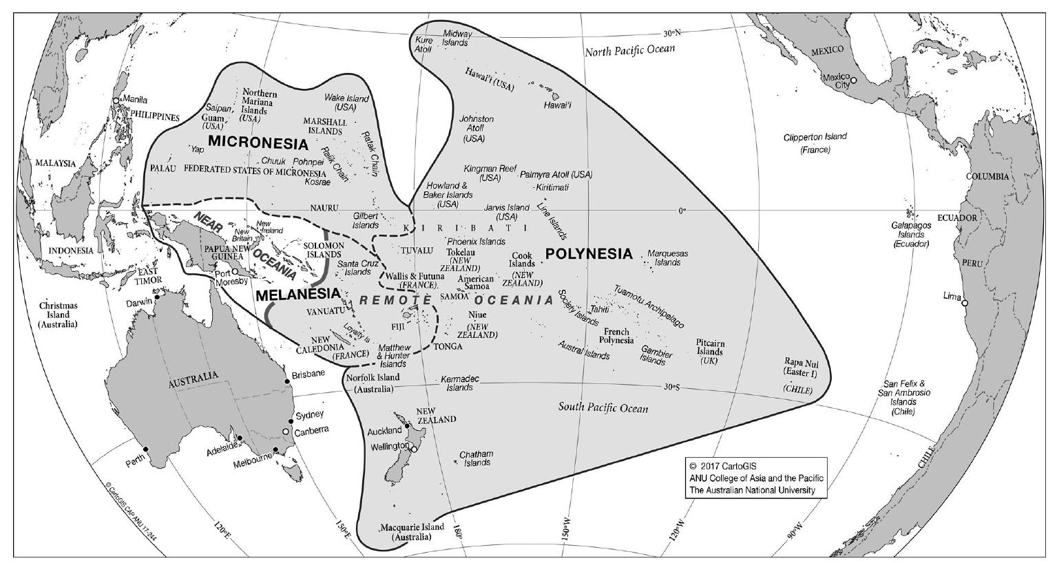 families. In terms of human and linguistic geography, the term Pacific commonly refers to the set of inhabited islands located within the Pacific Ocean, south of the 30° N parallel. Depending on the context, the term may also include the Philippines and Indonesia— usually considered part of SE Asia—as well as Australia; but these areas are covered by other chapters in this volume (see Arka & Sawaki (2018) for SE Asia; Singer (2018) for Australia in this volume). The present chapter will thus identify the Pacific (Figure 1) as the vast area defined by the three subregions of Melanesia, Micronesia and Polynesia.!  Figure 1: A map of the Pacific region, showing the subdivision into Melanesia, Micro- nesia, Polynesia; and the archaeological divide between Near Oceania (white) and Remote Oceania (gray) [© ANU College of Asia and the Pacific, CartoGIS, 2017] 