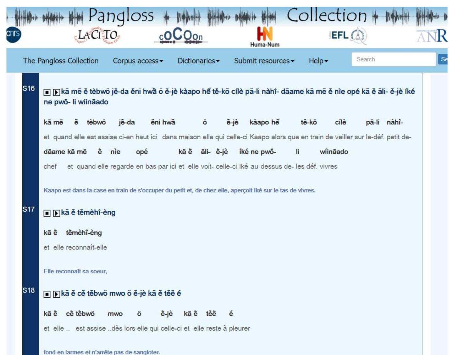 Figure 2: Screenshot of the Cémuhi corpus: The traditional story “Les écailles de poisson  de Tiwécaalé” is presented in a time-aligned transcription, with translation and glossing (Jean-Claude Rivierre, LaCiTO-CNRS; story by Bernadette Tyén). 