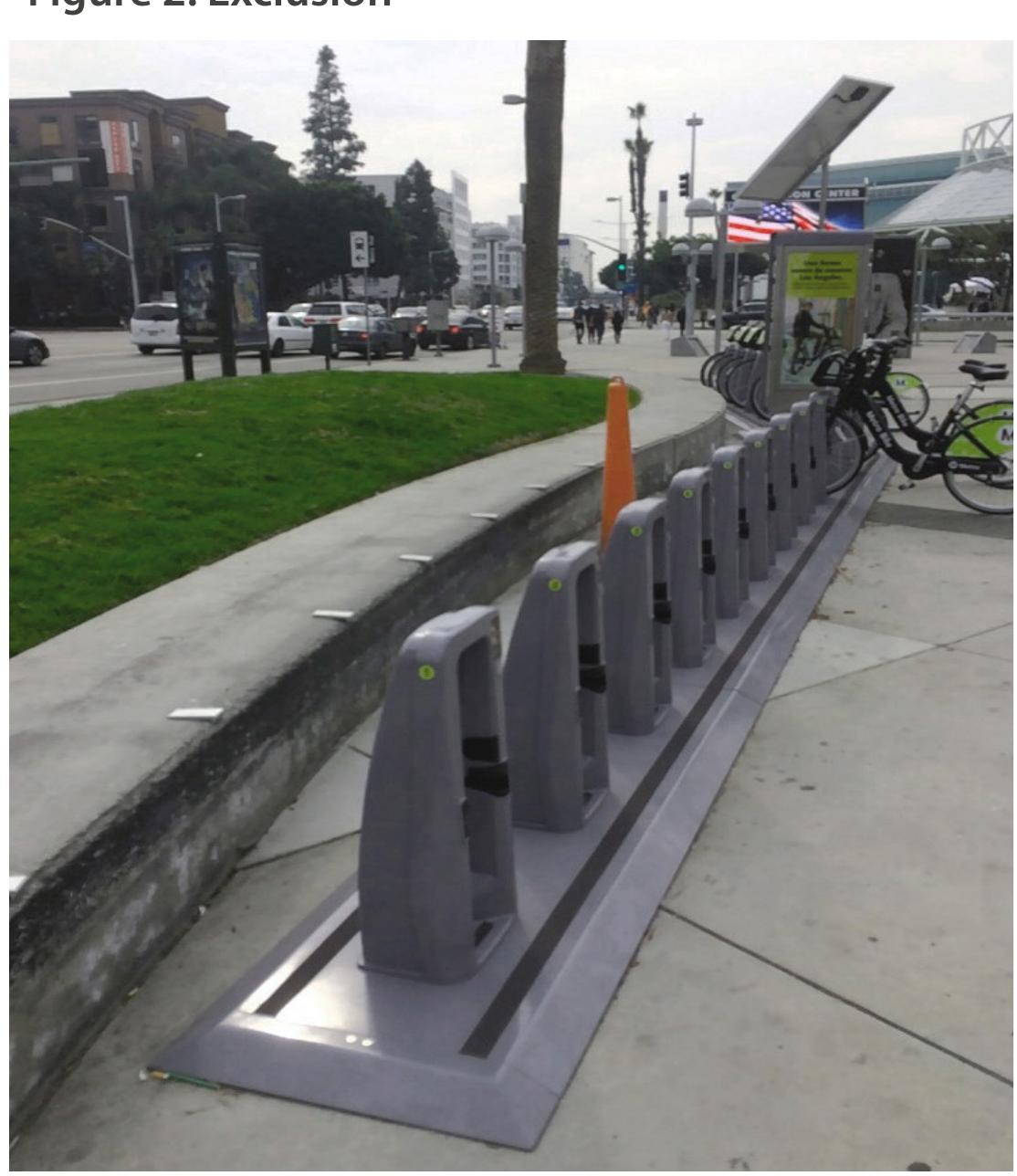 Skate stoppers deter skating & Metro Bike stations prevent any occupation or usage of ledges. Photo by Chris Giamarino. 