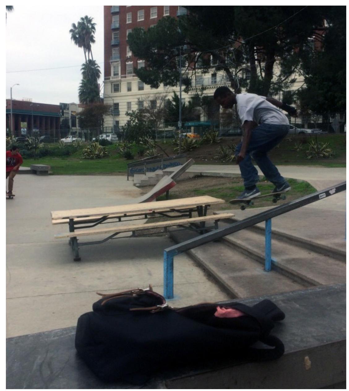 Skater 50-50s on rail after using expropriated bench. Photo by Chris Giamarino.  Words skaters attributed to performance. Illustration by Chris Giamarino. 