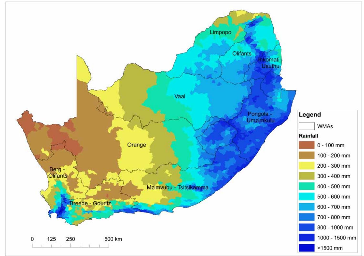 Map of south africa’s annual rainfall across water