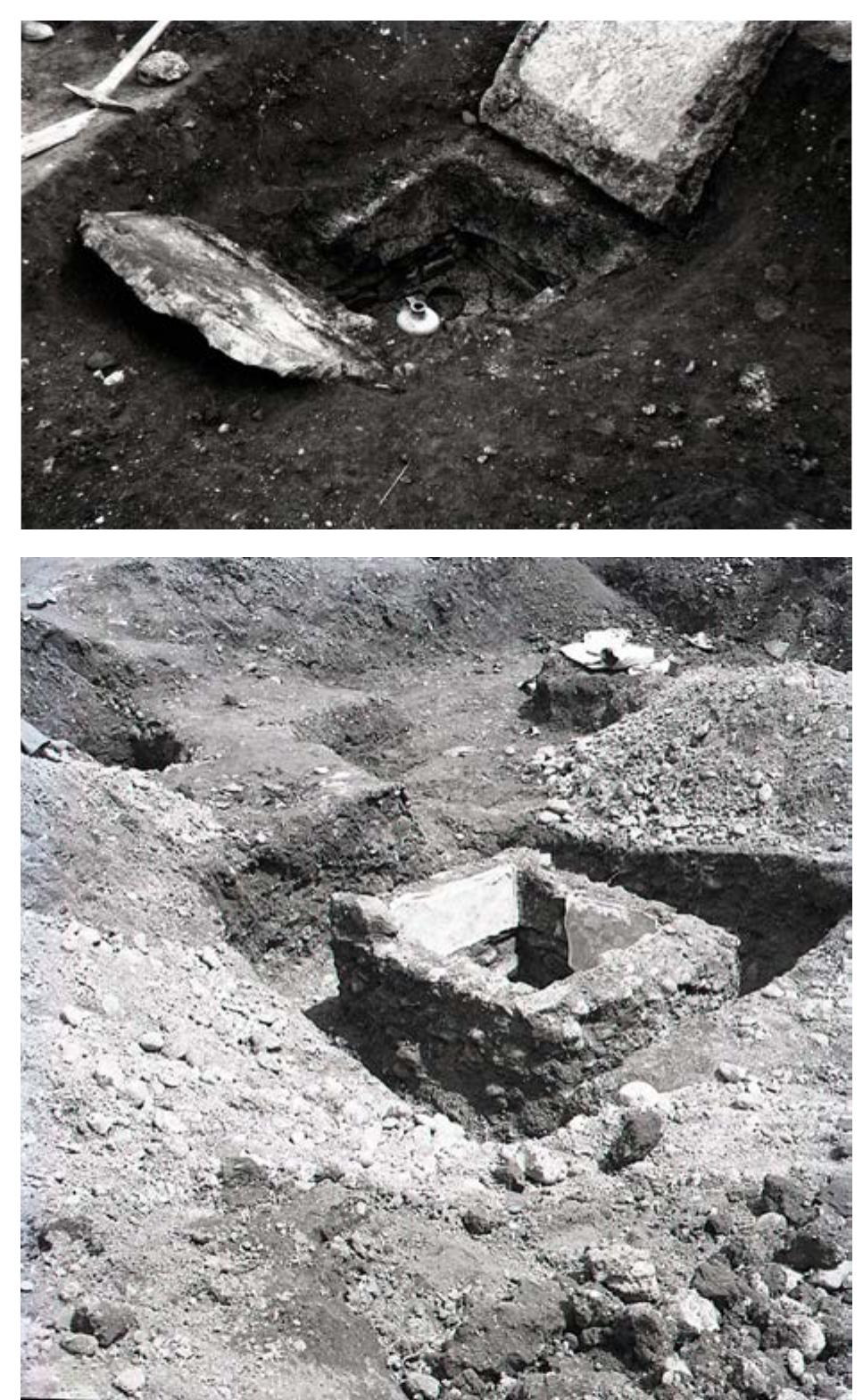 Slika/Figure 1 Manjia zidana grobnica x deljenim pokrovom. Notranjost groba je bila ometana x grobim ometom in poslikana x rastlinskim motivom. Najdiste:  Posta, grob 117, oz. grob 424 v Plesnitar Gee 1972. Arhiv MGML. / A smaller masonry tomb construction with  a divided cover. The inside of the tomb was covered with rough plaster and painted with a plant motif. Site: Posta  (Post Office), grave 117, or grave 424 in Plesnitar Gee 1972 (MGML Archives). 