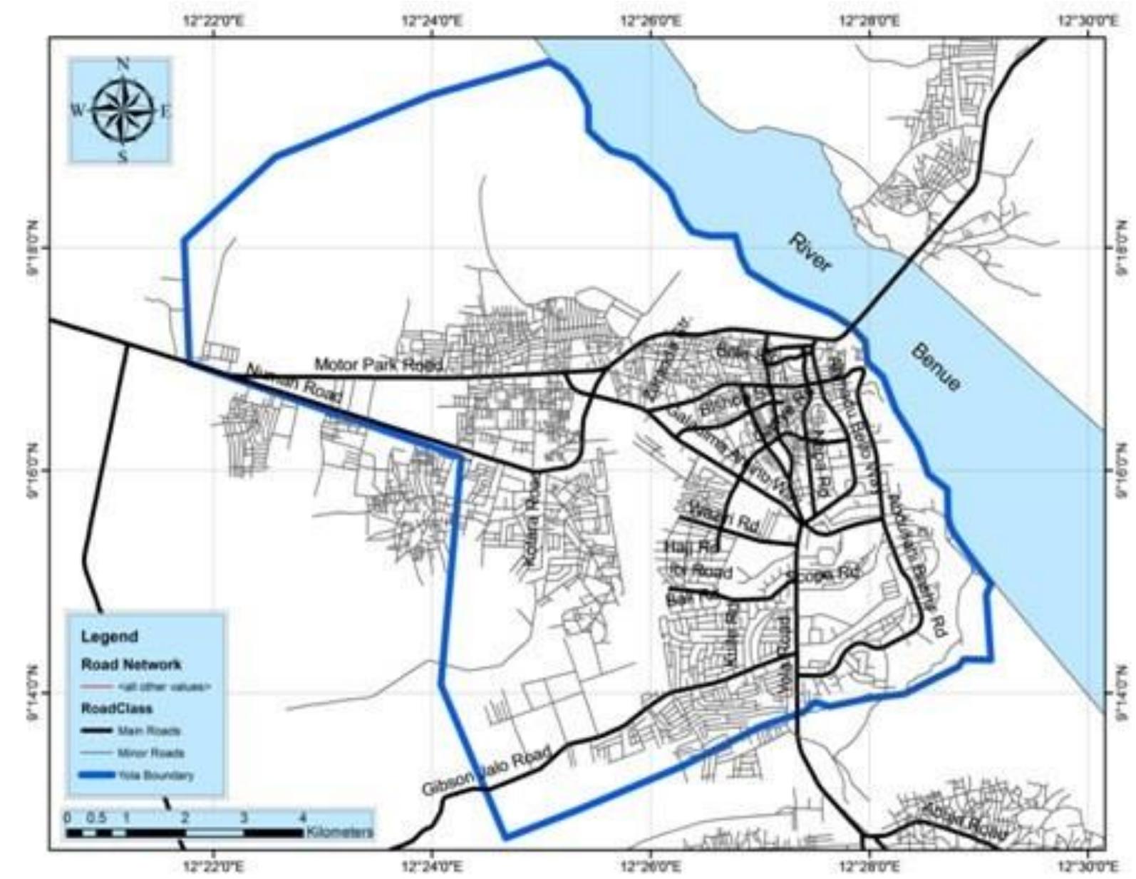 Figure 3: Street Map of Yola-North local government (Source: Yola Geodatabase)  data as well as the spatial distribution of population were also presented below.  The geodatabase is the common data storage and management framework for ArcGIS. It combines "geo" (spatial data) with "database" (data repository) to create a central data repository or spatial data storage and management. The Yola geodatabase was built using  ArcCatalog and ArcMap of ArcGIS. The four spatial dataset are given below; the population  data acs well ac the cnatial distribution of nonulation were alco nrecsented helow . 