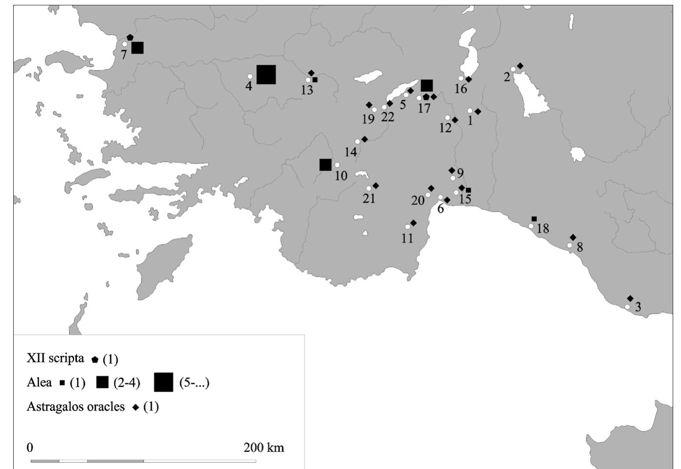 popular ritual, considering its presence on an official document. Although astragaloi frequently occur on ancient coins as a subsidiary symbol to dif- ferentiate batches of coins — with little significance - more rarely they appear as the principal type or as unchanging sole symbols, as is the case at Selge. Such occurrences cluster on the south coast of Asia Minor — Lycia, Pisidia and Cilicia - precisely the area where a group of Roman Imperial period inscrip- tions in the form of oracle stones records the practice of astragalomancy (see below). A second cluster of coins with astragaloi appears in Ionia, on the cen- tral part of the west coast of Asia Minor, among cities very close to the sanc- tuary of Apollo at Klaros, a famous oracle where astragalomancy was almost certainly practiced: they included Ephesos, Kolophon, Phygela and Teos.  