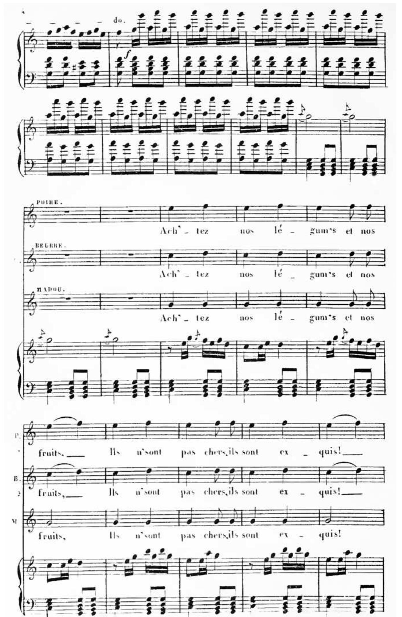 a wide variety of frivolous goods, such as sweets or trinkets. In comparison to other types of vendors, the marchande de plaisir quite literally sings of her wares to entice potential customers into a spontaneous purchase. Kastner cites several versions of this cry in his transcriptions.  a wide variety of frivolous goods, such as sweets or trinkets. In comparison to other types of  STREET CRIES ON THE OPERETTA STAGE: OFFENBACH’S MESDAMES DE LA HALLE (1858) 